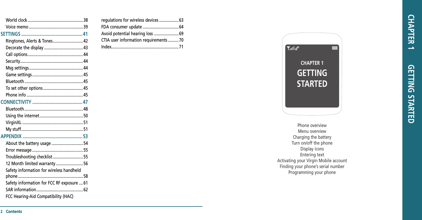 World clock ...................................................38Voice memo ..................................................39SETTINGS .................................................. 41Ringtones, Alerts &amp; Tones ............................42Decorate the display ....................................43Call options ...................................................44Security ..........................................................44Msg settings ..................................................44Game settings ...............................................45Bluetooth ......................................................45To set other options .....................................45Phone info ....................................................45CONNECTIVITY .........................................47Bluetooth ......................................................48Using the internet ........................................50VirginXL ........................................................51My stuff .........................................................51APPENDIX ................................................. 53About the battery usage .............................54Error message ...............................................55Troubleshooting checklist ............................5512 Month limited warranty .........................56Safety information for wireless handheld phone ............................................................58Safety information for FCC RF exposure ....61SAR information ...........................................62FCC Hearing-Aid Compatibility (HAC)       regulations for wireless devices ..................63FDA consumer update .................................64Avoid potential hearing loss .......................69CTIA user information requirements ..........70Index ..............................................................712   ContentsCHAPTER 1GETTING STARTEDPhone overviewMenu overviewCharging the batteryTurn on/off the phoneDisplay iconsEntering textActivating your Virgin Mobile accountFinding your phone’s serial numberProgramming your phoneCHAPTER 1       GETTING STARTED