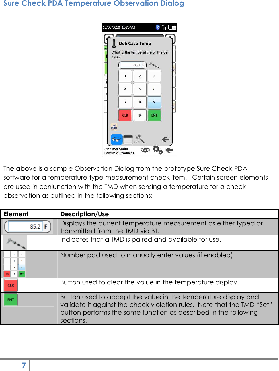 7    Sure Check PDA Temperature Observation Dialog   The above is a sample Observation Dialog from the prototype Sure Check PDA software for a temperature-type measurement check item.   Certain screen elements are used in conjunction with the TMD when sensing a temperature for a check observation as outlined in the following sections:  Element  Description/Use  Displays the current temperature measurement as either typed or transmitted from the TMD via BT.  Indicates that a TMD is paired and available for use.  Number pad used to manually enter values (if enabled).  Button used to clear the value in the temperature display.  Button used to accept the value in the temperature display and validate it against the check violation rules.  Note that the TMD “Set” button performs the same function as described in the following sections. 