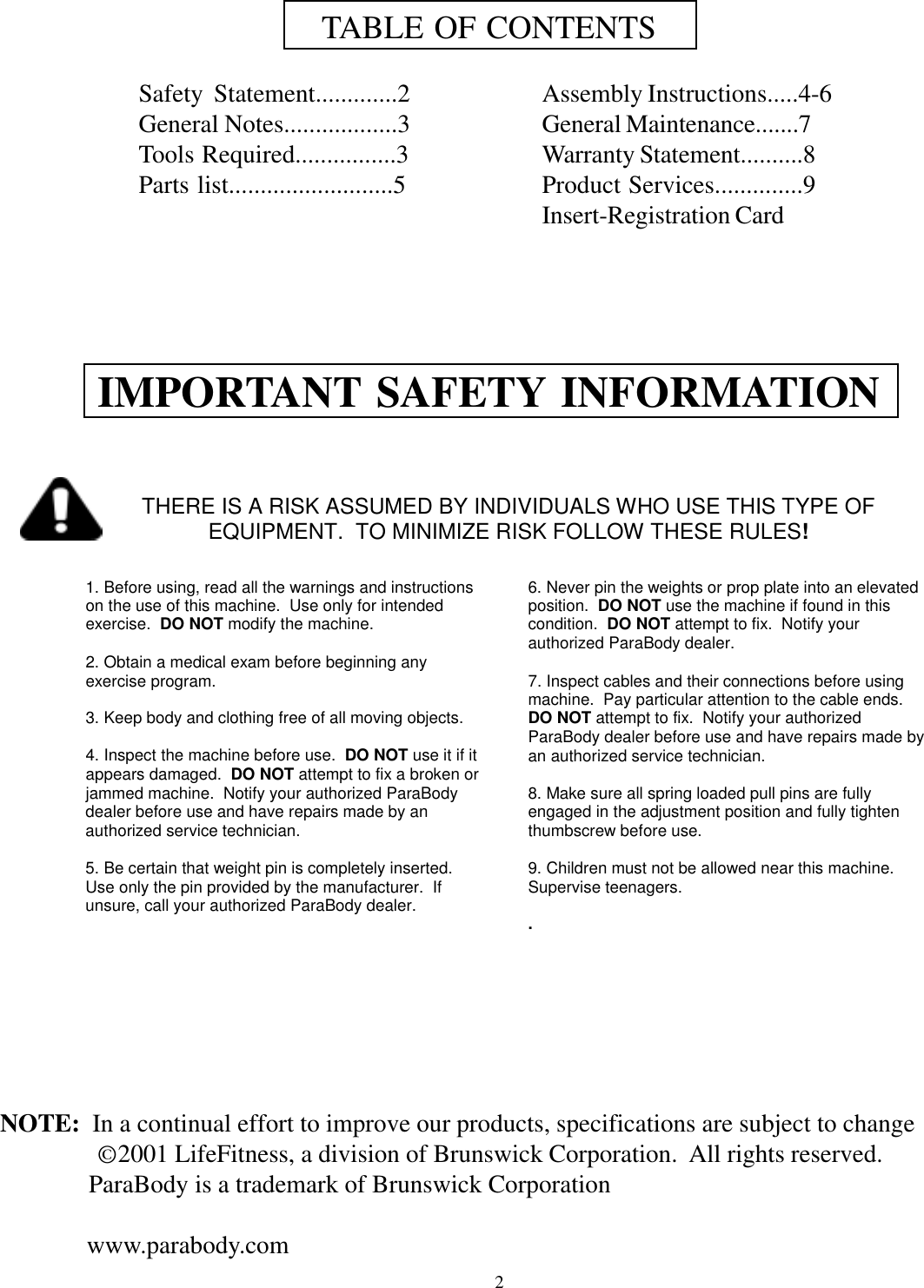Page 2 of 9 - Parabody Parabody-822-Users-Manual- 822108 ADJ SIT UP BENCH  Parabody-822-users-manual