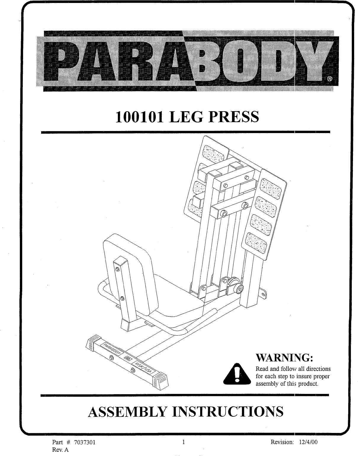 Parabody Leg Press 100101 Assembly Instruction