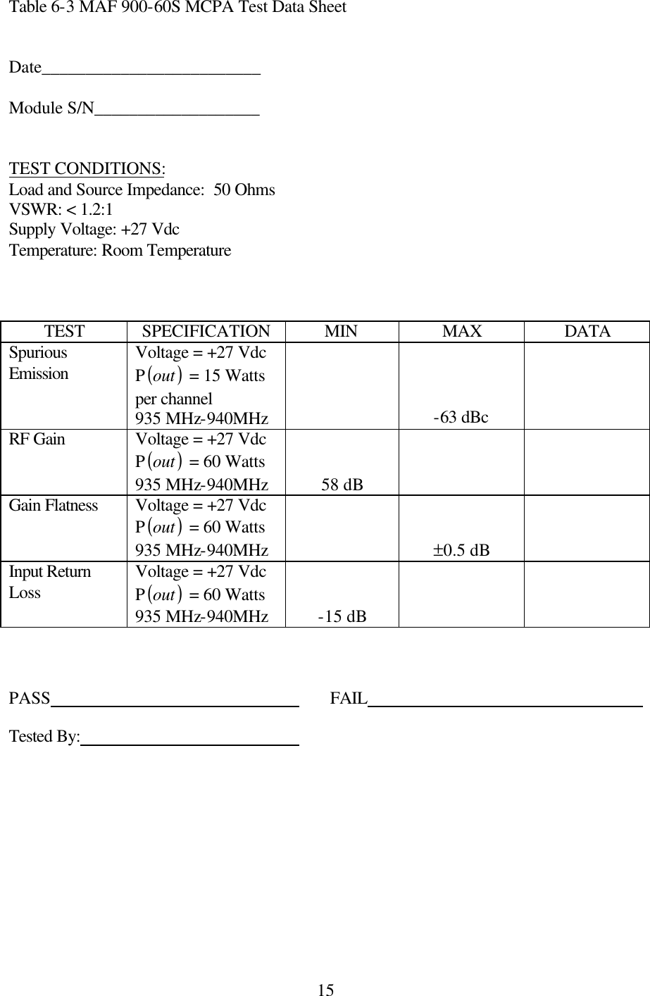  15Table 6-3 MAF 900-60S MCPA Test Data Sheet   Date_________________________  Module S/N___________________    TEST CONDITIONS: Load and Source Impedance:  50 Ohms VSWR: &lt; 1.2:1 Supply Voltage: +27 Vdc Temperature: Room Temperature    TEST SPECIFICATION MIN MAX DATA Spurious Emission Voltage = +27 Vdc P()out  = 15 Watts per channel 935 MHz-940MHz  -63 dBc  RF Gain Voltage = +27 Vdc P()out  = 60 Watts 935 MHz-940MHz  58 dB    Gain Flatness Voltage = +27 Vdc P()out  = 60 Watts 935 MHz-940MHz    ±0.5 dB  Input Return Loss Voltage = +27 Vdc P()out  = 60 Watts 935 MHz-940MHz -15 dB       PASS     FAIL   Tested By:   