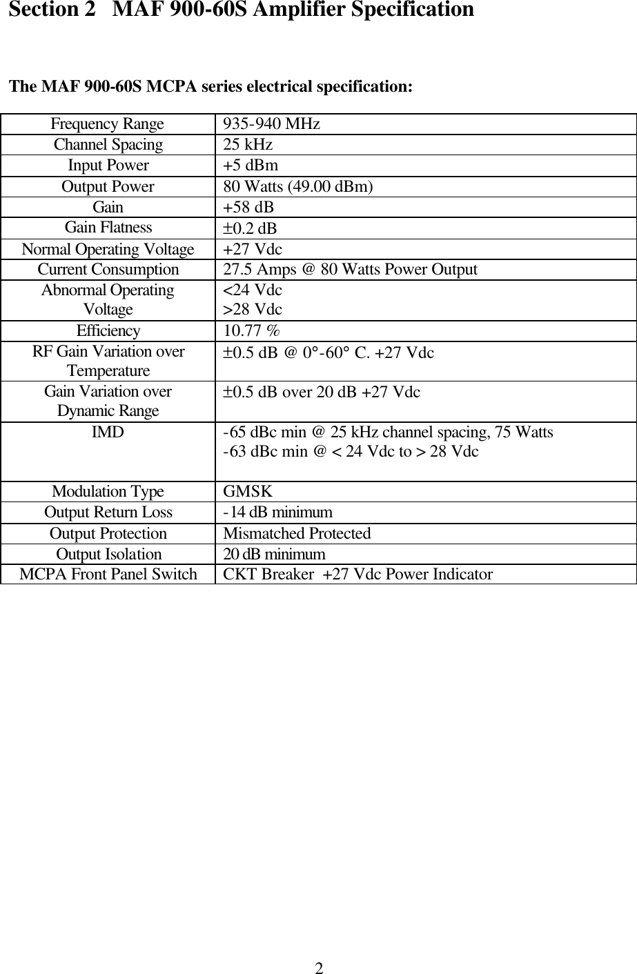  2Section 2 MAF 900-60S Amplifier Specification  The MAF 900-60S MCPA series electrical specification: Frequency Range  935-940 MHz Channel Spacing 25 kHz Input Power +5 dBm Output Power 80 Watts (49.00 dBm)  Gain +58 dB Gain Flatness  ±0.2 dB  Normal Operating Voltage +27 Vdc Current Consumption 27.5 Amps @ 80 Watts Power Output Abnormal Operating Voltage &lt;24 Vdc  &gt;28 Vdc  Efficiency 10.77 % RF Gain Variation over Temperature  ±0.5 dB @ 0°-60° C. +27 Vdc Gain Variation over Dynamic Range ±0.5 dB over 20 dB +27 Vdc  IMD  -65 dBc min @ 25 kHz channel spacing, 75 Watts -63 dBc min @ &lt; 24 Vdc to &gt; 28 Vdc  Modulation Type GMSK Output Return Loss -14 dB minimum Output Protection Mismatched Protected Output Isolation 20 dB minimum  MCPA Front Panel Switch CKT Breaker  +27 Vdc Power Indicator 