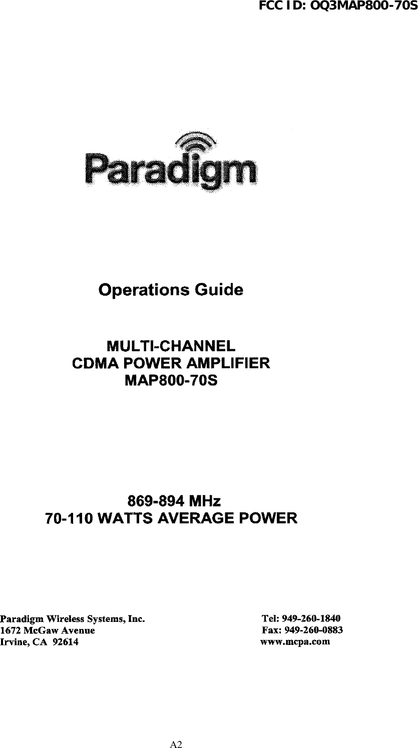 FCC ID: OQ3MAP800-70SA2