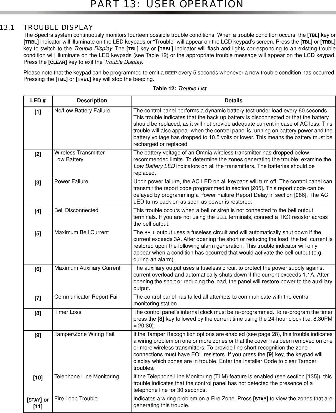 PART 13:  USER OPERATION13.1 TROUBLE DISPLAY The Spectra system continuously monitors fourteen possible trouble conditions. When a trouble condition occurs, the [TBL]key or[TRBL]indicator will illuminate on the LED keypads or “Trouble” will appear on the LCD keypad’s screen. Press the [TBL]or [TRBL]key to switch to the Trouble Display.The[TBL]key or [TRBL]indicator will flash and lights corresponding to an existing troublecondition will illuminate on the LED keypads (see Table 12) or the appropriate trouble message will appear on the LCD keypad.Press the [CLEAR]key to exit the Trouble Display.Please note that the keypad can be programmed to emit a BEEP every 5 seconds whenever a new trouble condition has occurred.Pressing the [TBL]or [TRBL]key will stop the beeping.Table 12:Trouble ListLED # Description Details[1] No/Low Battery Failure The control panel performs a dynamic battery test under load every 60 seconds.This trouble indicates that the back up battery is disconnected or that the batteryshould be replaced, as it will not provide adequate current in case of AC loss. Thistrouble will also appear when the control panel is running on battery power and thebattery voltage has dropped to 10.5 volts or lower. This means the battery must berecharged or replaced.[2] Wireless TransmitterLow Battery The battery voltage of an Omnia wireless transmitter has dropped belowrecommended limits. To determine the zones generating the trouble, examine theLow Battery LED indicators on all the transmitters. The batteries should bereplaced.[3] Power Failure Upon power failure, the AC LED on all keypads will turn off. The control panel cantransmit the report code programmed in section [205]. This report code can bedelayed by programming a Power Failure Report Delay in section [086]. The ACLED turns back on as soon as power is restored.[4] Bell Disconnected This trouble occurs when a bell or siren is not connected to the bell outputterminals. If you are not using the BELL terminals, connect a 1KΩresistor acrossthe bell output.[5] Maximum Bell Current The BELL output uses a fuseless circuit and will automatically shut down if thecurrent exceeds 3A. After opening the short or reducing the load, the bell current isrestored upon the following alarm generation. This trouble indicator will onlyappear when a condition has occurred that would activate the bell output (e.g.duringanalarm).[6] Maximum Auxiliary Current The auxiliary output uses a fuseless circuit to protect the power supply againstcurrent overload and automatically shuts down if the current exceeds 1.1A. Afteropening the short or reducing the load, the panel will restore power to the auxiliaryoutput.[7] Communicator Report Fail The control panel has failed all attempts to communicate with the centralmonitoring station.[8] Timer Loss The control panel’s internal clock must be re-programmed. To re-program the timerpress the [8] key followed by the current time using the 24-hour clock (i.e. 8:30PM= 20:30).[9] Tamper/Zone Wiring Fail If the Tamper Recognition options are enabled (see page 28), this trouble indicatesa wiring problem on one or more zones or that the cover has been removed on oneor more wireless transmitters. To provide line short recognition the zoneconnections must have EOL resistors. If you press the [9] key,thekeypadwilldisplay which zones are in trouble. Enter the Installer Code to clear Tampertroubles.[10] Telephone Line Monitoring If the Telephone Line Monitoring (TLM) feature is enabled (see section [135]), thistrouble indicates that the control panel has not detected the presence of atelephone line for 30 seconds.[STAY]or[11]Fire Loop Trouble Indicates a wiring problem on a Fire Zone. Press [STAY]to view the zones that aregenerating this trouble.