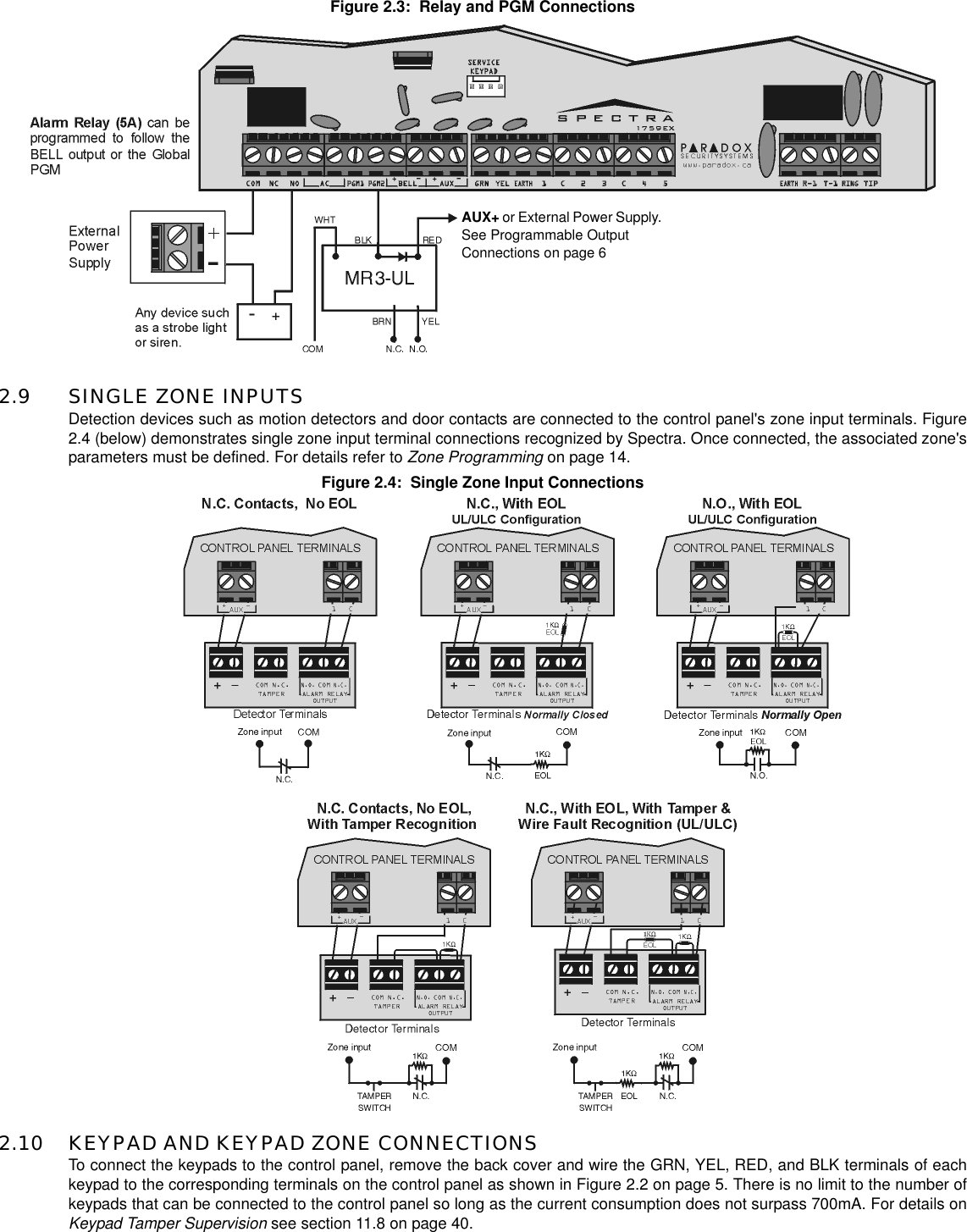 Figure 2.3: Relay and PGM Connections2.9 SINGLE ZONE INPUTSDetection devices such as motion detectors and door contacts are connected to the control panel&apos;s zone input terminals. Figure2.4 (below) demonstrates single zone input terminal connections recognized by Spectra. Once connected, the associated zone&apos;sparameters must be defined. For details refer to Zone Programming on page 14.Figure 2.4: Single Zone Input Connections2.10 KEYPAD AND KEYPAD ZONE CONNECTIONSTo connect the keypads to the control panel, remove the back cover and wire the GRN, YEL, RED, and BLK terminals of eachkeypad to the corresponding terminals on the control panel as shown in Figure 2.2 on page 5. There is no limit to the number ofkeypads that can be connected to the control panel so long as the current consumption does not surpass 700mA. For details onKeypad Tamper Supervision see section 11.8 on page 40.AUX+ or External Power Supply.See Programmable OutputConnections on page 6