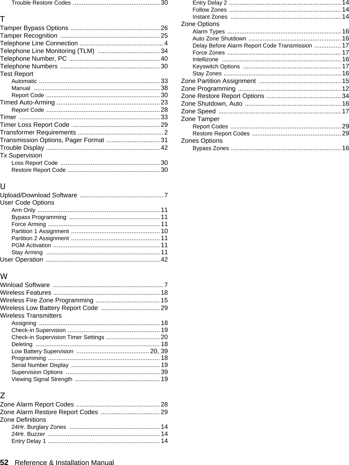 52   Reference &amp; Installation Manual   Trouble Restore Codes ................................................. 30TTamper Bypass Options .................................................. 26Tamper Recognition  ........................................................ 25Telephone Line Connection ............................................... 4Telephone Line Monitoring (TLM) ................................... 34Telephone Number, PC ................................................... 40Telephone Numbers ........................................................ 30Test ReportAutomatic .................................................................... 33Manual ....................................................................... 38Report Code ................................................................ 30Timed Auto-Arming .......................................................... 23Report Code ................................................................ 28Timer ............................................................................... 33Timer Loss Report Code  ................................................. 29Transformer Requirements ................................................ 2Transmission Options, Pager Format .............................. 31Trouble Display ................................................................ 42Tx SupervisionLoss Report Code ........................................................ 30Restore Report Code .................................................... 30UUpload/Download Software ............................................... 7User Code OptionsArm Only ..................................................................... 11Bypass Programming ................................................... 11Force Arming ...............................................................11Partition 1 Assignment .................................................. 10Partition 2 Assignment .................................................. 11PGM Activation ............................................................ 11Stay Arming ................................................................ 11User Operation  ................................................................ 42WWinload Software  .............................................................. 7Wireless Features ............................................................ 18Wireless Fire Zone Programming .................................... 15Wireless Low Battery Report Code ................................. 29Wireless TransmittersAssigning .................................................................... 18Check-in Supervision .................................................... 19Check-in Supervision Timer Settings .............................. 20Deleting ......................................................................18Low Battery Supervision ......................................... 20, 39Programming ............................................................... 18Serial Number Display .................................................. 19Supervision Options ..................................................... 39Viewing Signal Strength ................................................ 19ZZone Alarm Report Codes ............................................... 28Zone Alarm Restore Report Codes  ................................. 29Zone Definitions24Hr. Burglary Zones ................................................... 1424Hr. Buzzer ............................................................... 14Entry Delay 1 ............................................................... 14Entry Delay 2 ............................................................... 14Follow Zones ............................................................... 14Instant Zones .............................................................. 14Zone OptionsAlarm Types ................................................................ 16Auto Zone Shutdown .................................................... 16Delay Before Alarm Report Code Transmission ............... 17Force Zones ................................................................ 17Intellizone ................................................................... 16Keyswitch Options ....................................................... 17Stay Zones .................................................................. 16Zone Partition Assignment  .............................................. 15Zone Programming .......................................................... 12Zone Restore Report Options .......................................... 34Zone Shutdown, Auto ...................................................... 16Zone Speed ..................................................................... 17Zone TamperReport Codes .............................................................. 29Restore Report Codes .................................................. 29Zones OptionsBypass Zones .............................................................. 16