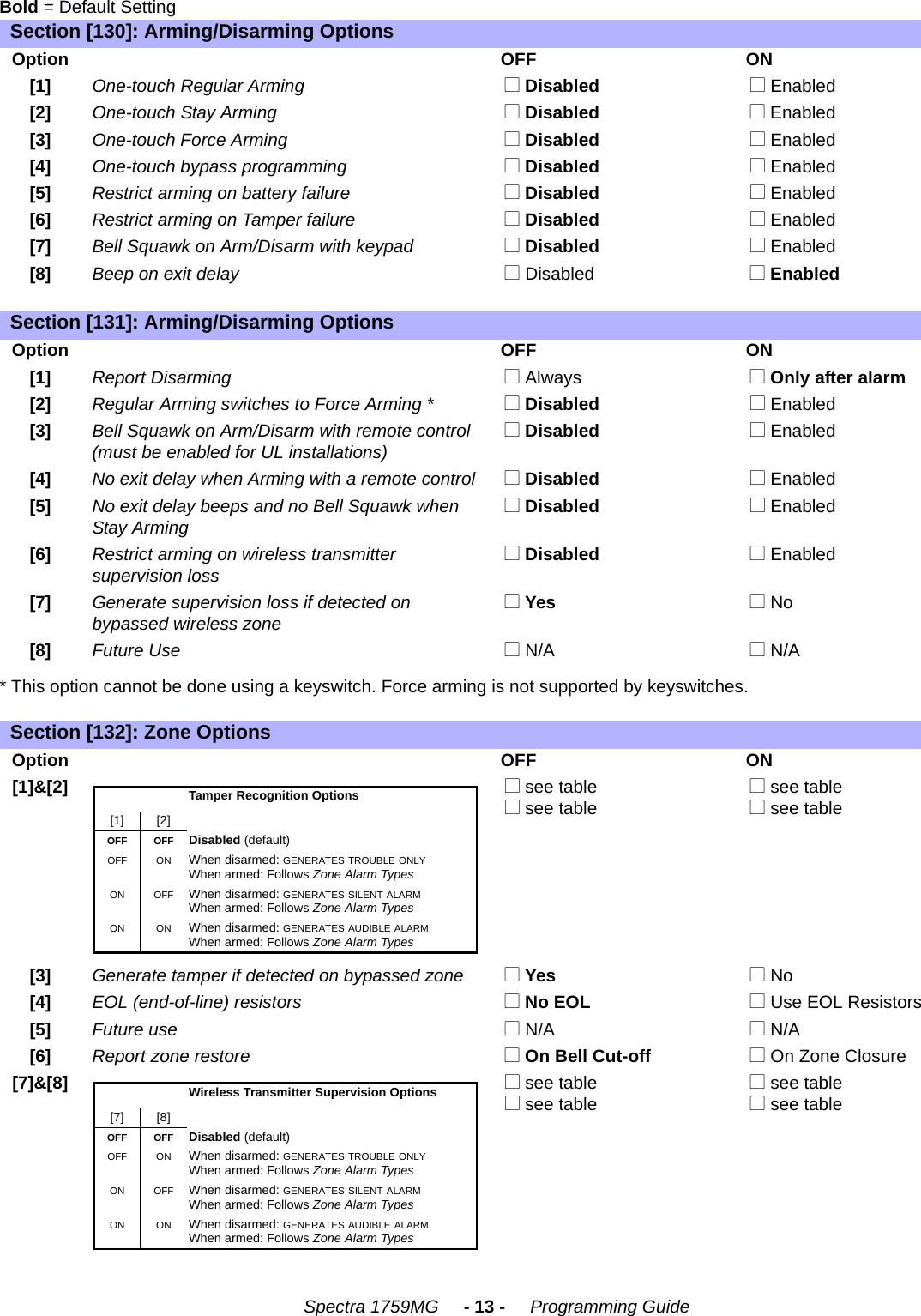    Spectra 1759MG     - 13 -     Programming GuideBold = Default Setting* This option cannot be done using a keyswitch. Force arming is not supported by keyswitches.Section [130]: Arming/Disarming OptionsOptionOFF ON[1]One-touch Regular Arming  N Disabled  N Enabled [2]One-touch Stay Arming  N Disabled  N Enabled [3]One-touch Force Arming  N Disabled  N Enabled[4]One-touch bypass programming  N Disabled  N Enabled[5]Restrict arming on battery failure  N Disabled  N Enabled[6]Restrict arming on Tamper failure  N Disabled  N Enabled[7]Bell Squawk on Arm/Disarm with keypad  N Disabled  N Enabled[8]Beep on exit delay  N Disabled   N EnabledSection [131]: Arming/Disarming OptionsOptionOFF ON[1]Report Disarming  N Always   N Only after alarm[2]Regular Arming switches to Force Arming *  N Disabled  N Enabled[3]Bell Squawk on Arm/Disarm with remote control (must be enabled for UL installations)  N Disabled  N Enabled[4]No exit delay when Arming with a remote control  N Disabled  N Enabled[5]No exit delay beeps and no Bell Squawk when Stay Arming  N Disabled  N Enabled[6]Restrict arming on wireless transmitter supervision loss  N Disabled  N Enabled[7]Generate supervision loss if detected on bypassed wireless zone  N Yes  N No[8]Future Use  N N/A  N N/ASection [132]: Zone OptionsOptionOFF ON[1]&amp;[2] N see table  N see table   N see table  N see table[3]Generate tamper if detected on bypassed zone   N Yes  N No[4]EOL (end-of-line) resistors  N No EOL  N Use EOL Resistors [5]Future use  N N/A  N N/A[6]Report zone restore  N On Bell Cut-off  N On Zone Closure[7]&amp;[8] N see table  N see table   N see table  N see tableTamper Recognition Options[1] [2]OFF OFF Disabled (default)OFF ON When disarmed: GENERATES TROUBLE ONLYWhen armed: Follows Zone Alarm Types ON OFF When disarmed: GENERATES SILENT ALARMWhen armed: Follows Zone Alarm TypesON ON When disarmed: GENERATES AUDIBLE ALARMWhen armed: Follows Zone Alarm TypesWireless Transmitter Supervision Options[7] [8]OFF OFF Disabled (default)OFF ON When disarmed: GENERATES TROUBLE ONLYWhen armed: Follows Zone Alarm Types ON OFF When disarmed: GENERATES SILENT ALARMWhen armed: Follows Zone Alarm TypesON ON When disarmed: GENERATES AUDIBLE ALARMWhen armed: Follows Zone Alarm Types