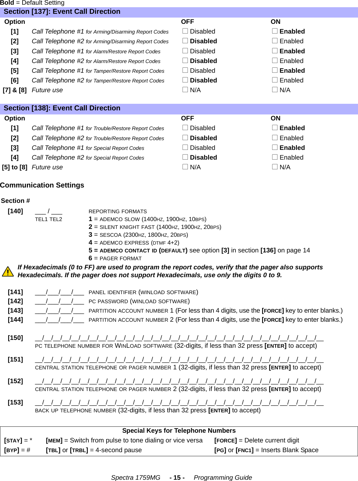    Spectra 1759MG     - 15 -     Programming GuideBold = Default SettingCommunication SettingsSection [137]: Event Call DirectionOptionOFF ON[1]Call Telephone #1 for Arming/Disarming Report Codes  N Disabled   N Enabled[2]Call Telephone #2 for Arming/Disarming Report Codes  N Disabled  N Enabled[3]Call Telephone #1 for Alarm/Restore Report Codes  N Disabled  N Enabled[4]Call Telephone #2 for Alarm/Restore Report Codes  N Disabled  N Enabled[5]Call Telephone #1 for Tamper/Restore Report Codes  N Disabled  N Enabled[6]Call Telephone #2 for Tamper/Restore Report Codes  N Disabled  N Enabled[7] &amp; [8]Future use  N N/A  N N/ASection [138]: Event Call DirectionOptionOFF ON[1]Call Telephone #1 for Trouble/Restore Report Codes  N Disabled   N Enabled[2]Call Telephone #2 for Trouble/Restore Report Codes  N Disabled  N Enabled[3]Call Telephone #1 for Special Report Codes  N Disabled  N Enabled[4]Call Telephone #2 for Special Report Codes  N Disabled  N Enabled[5] to [8]Future use  N N/A  N N/ASection #[140] ___ / ___TEL1 TEL2REPORTING FORMATS1 = ADEMCO SLOW (1400HZ, 1900HZ, 10BPS)2 = SILENT KNIGHT FAST (1400HZ, 1900HZ, 20BPS)    3 = SESCOA (2300HZ, 1800HZ, 20BPS)    4 = ADEMCO EXPRESS (DTMF 4+2)5 = ADEMCO CONTACT ID (DEFAULT) see option [3] in section [136] on page 146 = PAGER FORMAT If Hexadecimals (0 to FF) are used to program the report codes, verify that the pager also supports Hexadecimals. If the pager does not support Hexadecimals, use only the digits 0 to 9.[141] ___/___/___/___ PANEL IDENTIFIER (WINLOAD SOFTWARE)[142] ___/___/___/___ PC PASSWORD (WINLOAD SOFTWARE)[143] ___/___/___/___ PARTITION ACCOUNT NUMBER 1 (For less than 4 digits, use the [FORCE] key to enter blanks.)[144] ___/___/___/___ PARTITION ACCOUNT NUMBER 2 (For less than 4 digits, use the [FORCE] key to enter blanks.)[150] __/__/__/__/__/__/__/__/__/__/__/__/__/__/__/__/__/__/__/__/__/__/__/__/__/__/__/__/__/__/__/__PC TELEPHONE NUMBER FOR WINLOAD SOFTWARE (32-digits, if less than 32 press [ENTER] to accept)[151] __/__/__/__/__/__/__/__/__/__/__/__/__/__/__/__/__/__/__/__/__/__/__/__/__/__/__/__/__/__/__/__CENTRAL STATION TELEPHONE OR PAGER NUMBER 1 (32-digits, if less than 32 press [ENTER] to accept)[152] __/__/__/__/__/__/__/__/__/__/__/__/__/__/__/__/__/__/__/__/__/__/__/__/__/__/__/__/__/__/__/__CENTRAL STATION TELEPHONE OR PAGER NUMBER 2 (32-digits, if less than 32 press [ENTER] to accept)[153] __/__/__/__/__/__/__/__/__/__/__/__/__/__/__/__/__/__/__/__/__/__/__/__/__/__/__/__/__/__/__/__BACK UP TELEPHONE NUMBER (32-digits, if less than 32 press [ENTER] to accept)Special Keys for Telephone Numbers[STAY] = * [MEM] = Switch from pulse to tone dialing or vice versa [FORCE] = Delete current digit[BYP] = # [TBL] or [TRBL] = 4-second pause [PG] or [FNC1] = Inserts Blank Space