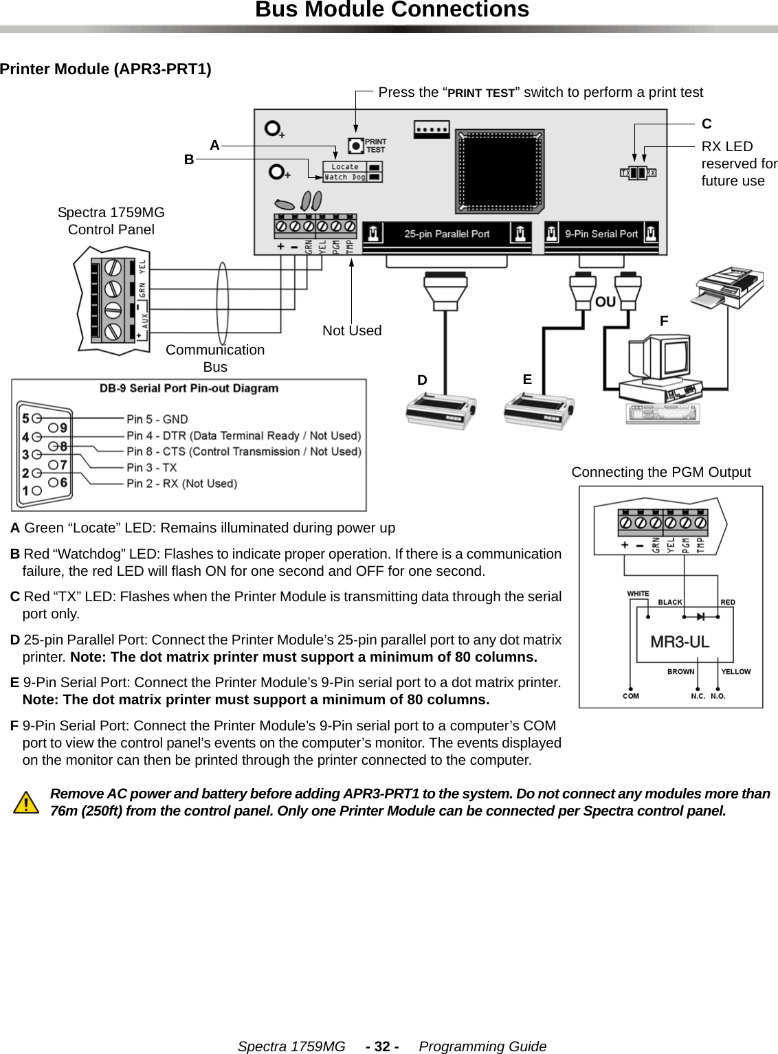 Spectra 1759MG     - 32 -     Programming GuideBus Module ConnectionsPrinter Module (APR3-PRT1)Remove AC power and battery before adding APR3-PRT1 to the system. Do not connect any modules more than 76m (250ft) from the control panel. Only one Printer Module can be connected per Spectra control panel.A Green “Locate” LED: Remains illuminated during power upB Red “Watchdog” LED: Flashes to indicate proper operation. If there is a communication failure, the red LED will flash ON for one second and OFF for one second.C Red “TX” LED: Flashes when the Printer Module is transmitting data through the serial port only.D 25-pin Parallel Port: Connect the Printer Module’s 25-pin parallel port to any dot matrix printer. Note: The dot matrix printer must support a minimum of 80 columns.E 9-Pin Serial Port: Connect the Printer Module’s 9-Pin serial port to a dot matrix printer. Note: The dot matrix printer must support a minimum of 80 columns.F 9-Pin Serial Port: Connect the Printer Module’s 9-Pin serial port to a computer’s COM port to view the control panel’s events on the computer’s monitor. The events displayed on the monitor can then be printed through the printer connected to the computer.Spectra 1759MGControl PanelCommunication BusRX LED reserved for future usePress the “PRINT TEST” switch to perform a print testNot UsedABDEFCConnecting the PGM Output