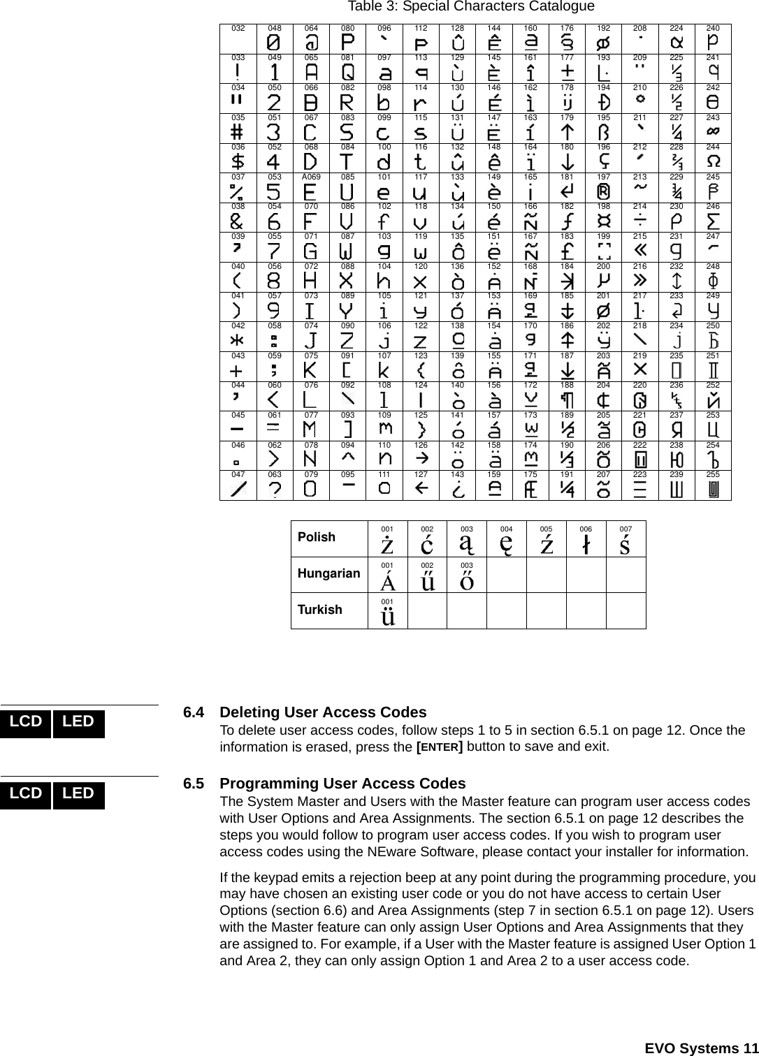  EVO Systems 11Table 3: Special Characters Catalogue6.4  Deleting User Access CodesTo delete user access codes, follow steps 1 to 5 in section 6.5.1 on page 12. Once the information is erased, press the [ENTER] button to save and exit.6.5  Programming User Access CodesThe System Master and Users with the Master feature can program user access codes with User Options and Area Assignments. The section 6.5.1 on page 12 describes the steps you would follow to program user access codes. If you wish to program user access codes using the NEware Software, please contact your installer for information.If the keypad emits a rejection beep at any point during the programming procedure, you may have chosen an existing user code or you do not have access to certain User Options (section 6.6) and Area Assignments (step 7 in section 6.5.1 on page 12). Users with the Master feature can only assign User Options and Area Assignments that they are assigned to. For example, if a User with the Master feature is assigned User Option 1 and Area 2, they can only assign Option 1 and Area 2 to a user access code. 032 048 064 080 096 112 128 144 160 176 192 208 224 240033 049 065 081 097 113 129 145 161 177 193 209 225 241034 050 066 082 098 114 130 146 162 178 194 210 226 242035 051 067 083 099 115 131 147 163 179 195 211 227 243036 052 068 084 100 116 132 148 164 180 196 212 228 244037 053 A069 085 101 117 133 149 165 181 197 213 229 245038 054 070 086 102 118 134 150 166 182 198 214 230 246039 055 071 087 103 119 135 151 167 183 199 215 231 247040 056 072 088 104 120 136 152 168 184 200 216 232 248041 057 073 089 105 121 137 153 169 185 201 217 233 249042 058 074 090 106 122 138 154 170 186 202 218 234 250043 059 075 091 107 123 139 155 171 187 203 219 235 251044 060 076 092 108 124 140 156 172 188 204 220 236 252045 061 077 093 109 125 141 157 173 189 205 221 237 253046 062 078 094 110 126 142 158 174 190 206 222 238 254047 063 079 095 111 127 143 159 175 191 207 223 239 255Polish 001 002 003 004 005 006 007Hungarian 001 002 003Turkish 001LCD LEDLCD LED