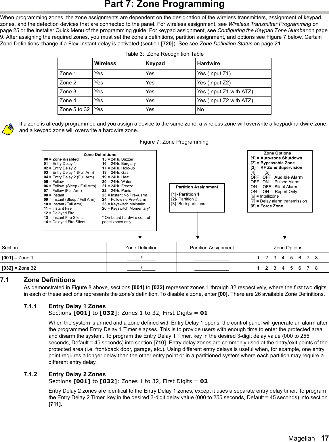 Magellan   17Part 7: Zone ProgrammingWhen programming zones, the zone assignments are dependent on the designation of the wireless transmitters, assignment of keypad zones, and the detection devices that are connected to the panel. For wireless assignment, see Wireless Transmitter Programming on page 25 or the Installer Quick Menu of the programming guide. For keypad assignment, see Configuring the Keypad Zone Number on page 9. After assigning the required zones, you must set the zone’s definitions, partition assignment, and options see Figure 7 below. Certain Zone Definitions change if a Flex-Instant delay is activated (section [720]). See see Zone Definition Status on page 21.Table 3:  Zone Recognition Table If a zone is already programmed and you assign a device to the same zone, a wireless zone will overwrite a keypad/hardwire zone, and a keypad zone will overwrite a hardwire zone.Figure 7: Zone Programming7.1 Zone DefinitionsAs demonstrated in Figure 8 above, sections [001] to [032] represent zones 1 through 32 respectively, where the first two digits in each of these sections represents the zone&apos;s definition. To disable a zone, enter [00]. There are 26 available Zone Definitions.   7.1.1 Entry Delay 1 ZonesSections [001] to [032]: Zones 1 to 32, First Digits = 01When the system is armed and a zone defined with Entry Delay 1 opens, the control panel will generate an alarm after the programmed Entry Delay 1 Timer elapses. This is to provide users with enough time to enter the protected area and disarm the system. To program the Entry Delay 1 Timer, key in the desired 3-digit delay value (000 to 255 seconds, Default = 45 seconds) into section [710]. Entry delay zones are commonly used at the entry/exit points of the protected area (i.e. front/back door, garage, etc.). Using different entry delays is useful when, for example, one entry point requires a longer delay than the other entry point or in a partitioned system where each partition may require a different entry delay.7.1.2 Entry Delay 2 ZonesSections [001] to [032]: Zones 1 to 32, First Digits = 02Entry Delay 2 zones are identical to the Entry Delay 1 zones, except it uses a separate entry delay timer. To program the Entry Delay 2 Timer, key in the desired 3-digit delay value (000 to 255 seconds, Default = 45 seconds) into section [711].Wireless Keypad HardwireZone 1 Yes Yes Yes (Input Z1)Zone 2 Yes Yes Yes (Input Z2)Zone 3 Yes Yes Yes (Input Z1 with ATZ)Zone 4 Yes Yes Yes (Input Z2 with ATZ)Zone 5 to 32 Yes Yes NoSection Zone Definition Partition Assignment Zone Options[001] = Zone 1 _____/_____ _____________ 1  2  3  4  5  6  7  8[032] = Zone 32 _____/_____ _____________ 1  2  3  4  5  6  7  8Zone Definitions 00 = Zone disabled01 = Entry Delay 102 = Entry Delay 203 = Entry Delay 1 (Full Arm)04 = Entry Delay 2 (Full Arm)05 = Follow06 = Follow  (Sleep / Full Arm) 07 = Follow (Full Arm)08 = Instant09 = Instant (Sleep / Full Arm)10 = Instant (Full Arm)11 = Instant Fire12 = Delayed Fire13 = Instant Fire Silent14 = Delayed Fire Silent15 = 24Hr. Buzzer16 = 24Hr. Burglary17 = 24Hr. Hold-up18 = 24Hr. Gas19 = 24Hr. Heat20 = 24Hr. Water21 = 24Hr. Freeze22 = 24Hr. Panic23 = Instant No Pre-Alarm24 = Follow no Pre-Alarm25 = Keyswitch Maintain*26 = Keyswitch Momentary** On-board hardwire control panel zones onlyZone Options[1] = Auto-zone Shutdown [2] = Bypassable Zone [3] = RF Zone Supervision [4]        [5]OFF   OFF   Audible AlarmOFF   ON     Pulsed AlarmON     OFF   Silent AlarmON     ON     Report Only[6] = Intellizone[7] = Delay alarm transmission[8] = Force ZonePartition Assignment[1]- Partition 1[2]- Partition 2[3]- Both partitions