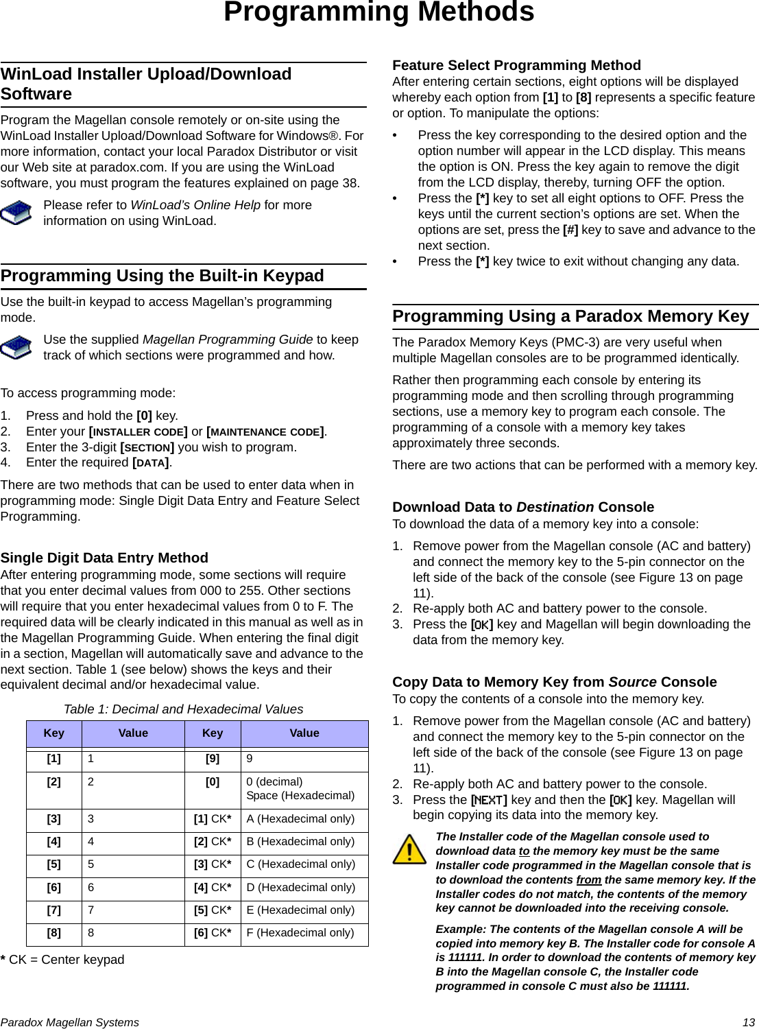 Paradox Magellan Systems   13Programming MethodsWinLoad Installer Upload/Download SoftwareProgram the Magellan console remotely or on-site using the WinLoad Installer Upload/Download Software for Windows®. For more information, contact your local Paradox Distributor or visit our Web site at paradox.com. If you are using the WinLoad software, you must program the features explained on page 38.Please refer to WinLoad’s Online Help for more information on using WinLoad.Programming Using the Built-in KeypadUse the built-in keypad to access Magellan’s programming mode. Use the supplied Magellan Programming Guide to keep track of which sections were programmed and how. To access programming mode:1. Press and hold the [0] key.2. Enter your [INSTALLER CODE] or [MAINTENANCE CODE].3. Enter the 3-digit [SECTION] you wish to program.4. Enter the required [DATA].There are two methods that can be used to enter data when in programming mode: Single Digit Data Entry and Feature Select Programming.Single Digit Data Entry MethodAfter entering programming mode, some sections will require that you enter decimal values from 000 to 255. Other sections will require that you enter hexadecimal values from 0 to F. The required data will be clearly indicated in this manual as well as in the Magellan Programming Guide. When entering the final digit in a section, Magellan will automatically save and advance to the next section. Table 1 (see below) shows the keys and their equivalent decimal and/or hexadecimal value.Table 1: Decimal and Hexadecimal Values* CK = Center keypadFeature Select Programming MethodAfter entering certain sections, eight options will be displayed whereby each option from [1] to [8] represents a specific feature or option. To manipulate the options: • Press the key corresponding to the desired option and the option number will appear in the LCD display. This means the option is ON. Press the key again to remove the digit from the LCD display, thereby, turning OFF the option. • Press the [*] key to set all eight options to OFF. Press the keys until the current section’s options are set. When the options are set, press the [#] key to save and advance to the next section.• Press the [*] key twice to exit without changing any data.Programming Using a Paradox Memory KeyThe Paradox Memory Keys (PMC-3) are very useful when multiple Magellan consoles are to be programmed identically.Rather then programming each console by entering its programming mode and then scrolling through programming sections, use a memory key to program each console. The programming of a console with a memory key takes approximately three seconds.There are two actions that can be performed with a memory key.Download Data to Destination ConsoleTo download the data of a memory key into a console:1. Remove power from the Magellan console (AC and battery) and connect the memory key to the 5-pin connector on the left side of the back of the console (see Figure 13 on page 11).2. Re-apply both AC and battery power to the console.3. Press the [OK] key and Magellan will begin downloading the data from the memory key.Copy Data to Memory Key from Source ConsoleTo copy the contents of a console into the memory key.1. Remove power from the Magellan console (AC and battery) and connect the memory key to the 5-pin connector on the left side of the back of the console (see Figure 13 on page 11).2. Re-apply both AC and battery power to the console.3. Press the [NEXT] key and then the [OK] key. Magellan will begin copying its data into the memory key.The Installer code of the Magellan console used to download data to the memory key must be the same Installer code programmed in the Magellan console that is to download the contents from the same memory key. If the Installer codes do not match, the contents of the memory key cannot be downloaded into the receiving console.Example: The contents of the Magellan console A will be copied into memory key B. The Installer code for console A is 111111. In order to download the contents of memory key B into the Magellan console C, the Installer code programmed in console C must also be 111111.Key Value Key Value[1] 1[9] 9[2] 2[0] 0 (decimal)Space (Hexadecimal)[3] 3[1] CK*A (Hexadecimal only)[4] 4[2] CK*B (Hexadecimal only)[5] 5[3] CK*C (Hexadecimal only)[6] 6[4] CK*D (Hexadecimal only)[7] 7[5] CK*E (Hexadecimal only)[8] 8[6] CK*F (Hexadecimal only)