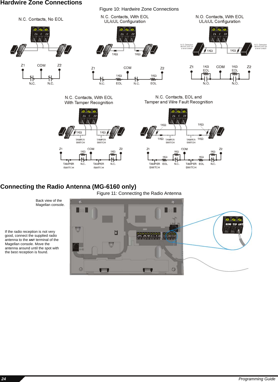  24 Programming GuideHardwire Zone Connections Figure 10: Hardwire Zone ConnectionsConnecting the Radio Antenna (MG-6160 only)Figure 11: Connecting the Radio AntennaBack view of the Magellan console.If the radio reception is not very good, connect the supplied radio antenna to the ANT terminal of the Magellan console. Move the antenna around until the spot with the best reception is found.