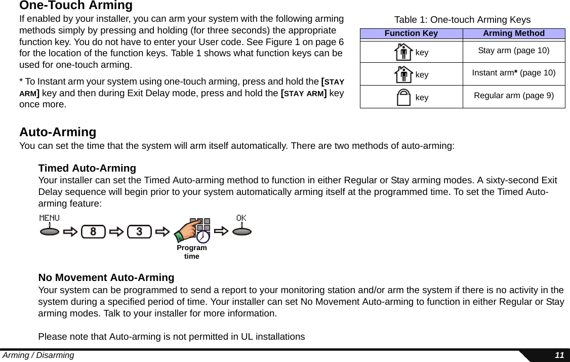  Arming / Disarming 11One-Touch ArmingIf enabled by your installer, you can arm your system with the following arming methods simply by pressing and holding (for three seconds) the appropriate function key. You do not have to enter your User code. See Figure 1 on page 6 for the location of the function keys. Table 1 shows what function keys can be used for one-touch arming.* To Instant arm your system using one-touch arming, press and hold the [STAY ARM] key and then during Exit Delay mode, press and hold the [STAY ARM] key once more.Auto-ArmingYou can set the time that the system will arm itself automatically. There are two methods of auto-arming:Timed Auto-ArmingYour installer can set the Timed Auto-arming method to function in either Regular or Stay arming modes. A sixty-second Exit Delay sequence will begin prior to your system automatically arming itself at the programmed time. To set the Timed Auto-arming feature:No Movement Auto-ArmingYour system can be programmed to send a report to your monitoring station and/or arm the system if there is no activity in the system during a specified period of time. Your installer can set No Movement Auto-arming to function in either Regular or Stay arming modes. Talk to your installer for more information.Please note that Auto-arming is not permitted in UL installationsTable 1: One-touch Arming KeysFunction Key Arming Method key Stay arm (page 10) key Instant arm* (page 10) key Regular arm (page 9)Program timemenu ok