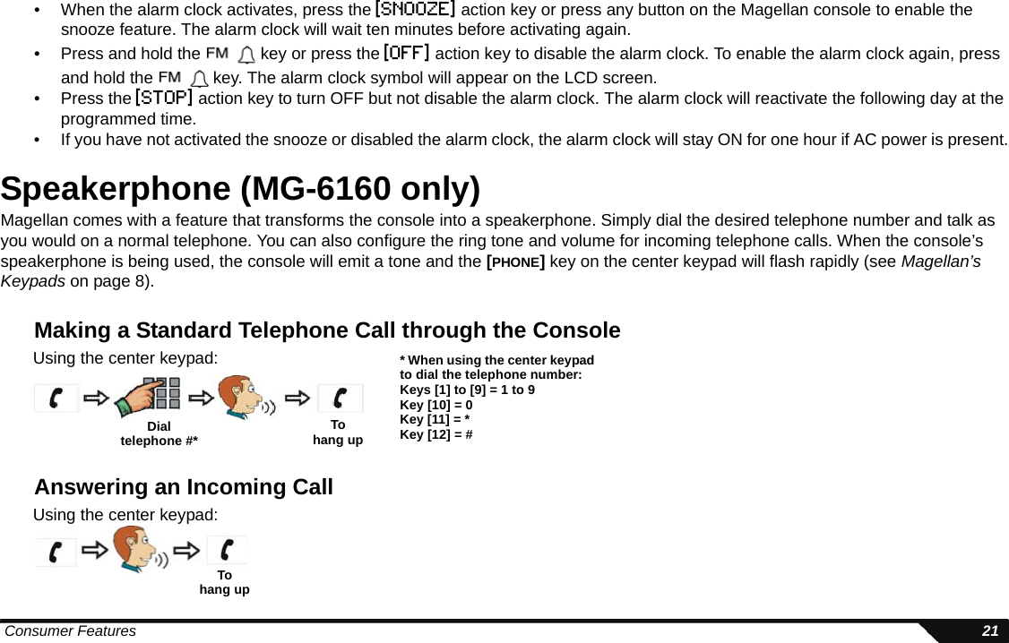  Consumer Features 21• When the alarm clock activates, press the [snooze] action key or press any button on the Magellan console to enable the snooze feature. The alarm clock will wait ten minutes before activating again.• Press and hold the   key or press the [off] action key to disable the alarm clock. To enable the alarm clock again, press and hold the   key. The alarm clock symbol will appear on the LCD screen.• Press the [stop] action key to turn OFF but not disable the alarm clock. The alarm clock will reactivate the following day at the programmed time.• If you have not activated the snooze or disabled the alarm clock, the alarm clock will stay ON for one hour if AC power is present.Speakerphone (MG-6160 only)Magellan comes with a feature that transforms the console into a speakerphone. Simply dial the desired telephone number and talk as you would on a normal telephone. You can also configure the ring tone and volume for incoming telephone calls. When the console’s speakerphone is being used, the console will emit a tone and the [PHONE] key on the center keypad will flash rapidly (see Magellan’s Keypads on page 8).Making a Standard Telephone Call through the ConsoleAnswering an Incoming CallDial telephone #* Tohang upUsing the center keypad: * When using the center keypad to dial the telephone number:Keys [1] to [9] = 1 to 9Key [10] = 0Key [11] = *Key [12] = #Tohang upUsing the center keypad: