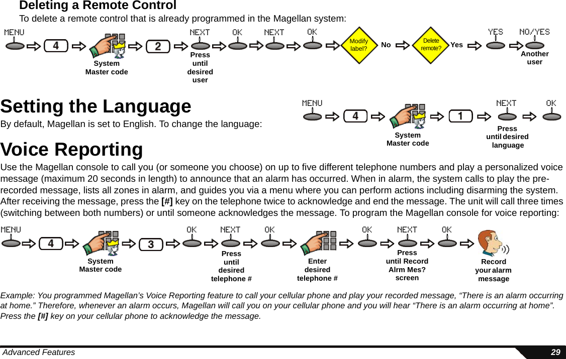  Advanced Features 29Deleting a Remote ControlTo delete a remote control that is already programmed in the Magellan system:Setting the LanguageBy default, Magellan is set to English. To change the language:Voice ReportingUse the Magellan console to call you (or someone you choose) on up to five different telephone numbers and play a personalized voice message (maximum 20 seconds in length) to announce that an alarm has occurred. When in alarm, the system calls to play the pre-recorded message, lists all zones in alarm, and guides you via a menu where you can perform actions including disarming the system. After receiving the message, press the [#] key on the telephone twice to acknowledge and end the message. The unit will call three times (switching between both numbers) or until someone acknowledges the message. To program the Magellan console for voice reporting:Example: You programmed Magellan’s Voice Reporting feature to call your cellular phone and play your recorded message, “There is an alarm occurring at home.” Therefore, whenever an alarm occurs, Magellan will call you on your cellular phone and you will hear “There is an alarm occurring at home”. Press the [#] key on your cellular phone to acknowledge the message.Pressuntil desired usermenu next okSystemMaster codeModify label?Delete remote?No Yes Another userno/yesoknext yesPressuntil desired languagemenu next okSystemMaster codePressuntil desired telephone #Pressuntil RecordAlrm Mes?screenRecord your alarm messageEnter desired telephone #menu ok next ok ok next okSystemMaster code