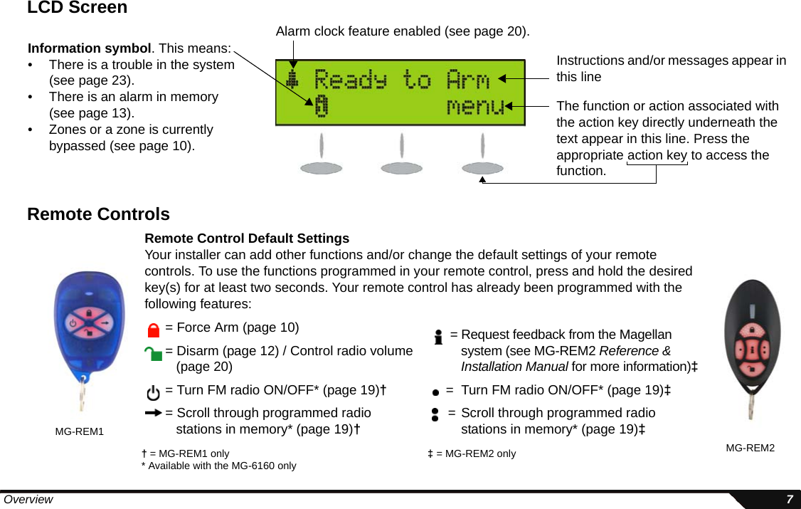  Overview 7LCD ScreenRemote ControlsAlarm clock feature enabled (see page 20).Instructions and/or messages appear in this lineThe function or action associated with the action key directly underneath the text appear in this line. Press the appropriate action key to access the function. Information symbol. This means:• There is a trouble in the system (see page 23).• There is an alarm in memory (see page 13).• Zones or a zone is currently bypassed (see page 10).Remote Control Default SettingsYour installer can add other functions and/or change the default settings of your remote controls. To use the functions programmed in your remote control, press and hold the desired key(s) for at least two seconds. Your remote control has already been programmed with the following features:MG-REM1MG-REM2= Force Arm (page 10)= Disarm (page 12) / Control radio volume(page 20)= Turn FM radio ON/OFF* (page 19)†= Scroll through programmed radiostations in memory* (page 19)†= Request feedback from the Magellan system (see MG-REM2 Reference &amp; Installation Manual for more information)‡=  Turn FM radio ON/OFF* (page 19)‡ = Scroll through programmed radiostations in memory* (page 19)‡† = MG-REM1 only* Available with the MG-6160 only ‡ = MG-REM2 only