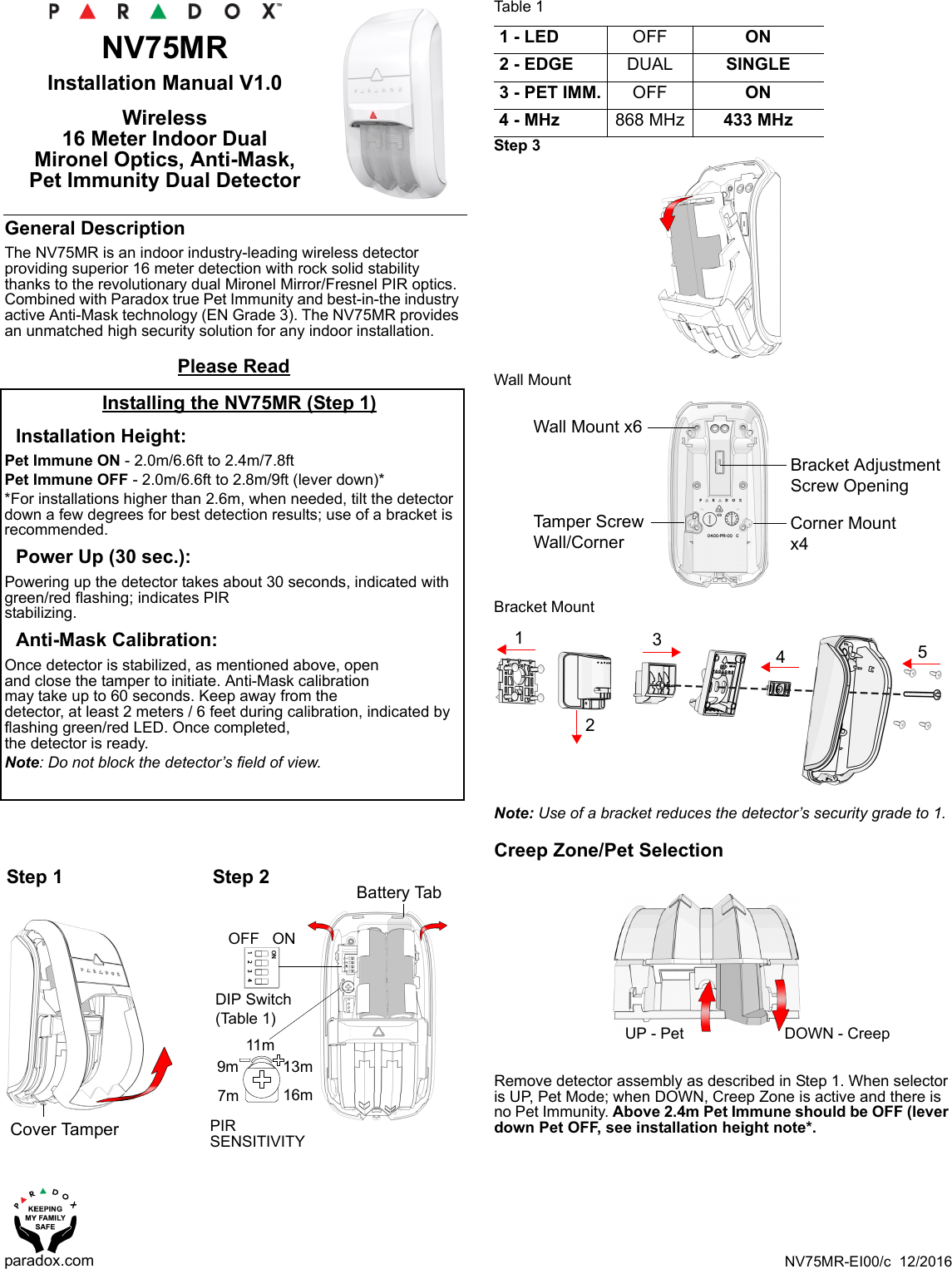 NV75MR-EI00/c  12/2016paradox.comNV75MRInstallation Manual V1.0Wireless16 Meter Indoor Dual Mironel Optics, Anti-Mask, Pet Immunity Dual DetectorGeneral DescriptionThe NV75MR is an indoor industry-leading wireless detector providing superior 16 meter detection with rock solid stability thanks to the revolutionary dual Mironel Mirror/Fresnel PIR optics. Combined with Paradox true Pet Immunity and best-in-the industry active Anti-Mask technology (EN Grade 3). The NV75MR provides an unmatched high security solution for any indoor installation. Please ReadInstalling the NV75MR (Step 1)Installation Height:Pet Immune ON - 2.0m/6.6ft to 2.4m/7.8ftPet Immune OFF - 2.0m/6.6ft to 2.8m/9ft (lever down)**For installations higher than 2.6m, when needed, tilt the detector down a few degrees for best detection results; use of a bracket is recommended.Power Up (30 sec.):Powering up the detector takes about 30 seconds, indicated with green/red flashing; indicates PIR stabilizing.Anti-Mask Calibration: Once detector is stabilized, as mentioned above, open and close the tamper to initiate. Anti-Mask calibration may take up to 60 seconds. Keep away from the detector, at least 2 meters / 6 feet during calibration, indicated by flashing green/red LED. Once completed, the detector is ready.Note: Do not block the detector’s field of view.Table 1Step 3Wall MountBracket Mount Note: Use of a bracket reduces the detector’s security grade to 1.Creep Zone/Pet SelectionRemove detector assembly as described in Step 1. When selector is UP, Pet Mode; when DOWN, Creep Zone is active and there is no Pet Immunity. Above 2.4m Pet Immune should be OFF (lever down Pet OFF, see installation height note*.12 3 4ONCover TamperStep 1DIP Switch(Table 1)PIR SENSITIVITYBattery Tab11m16m13m7m9mStep 2OFF   ON1 - LED OFF ON2 - EDGE DUAL SINGLE3 - PET IMM. OFF ON4 - MHz 868 MHz 433 MHzWall Mount x6Bracket Adjustment Screw OpeningCorner Mount x4Tamp e r  S c rew  Wall/Corner 12345UP - Pet  DOWN - Creep