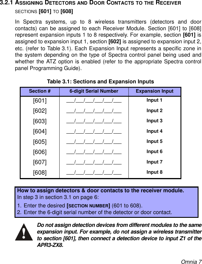 Omnia 73.2.1 ASSIGNING DETECTORS AND DOOR CONTACTS TO THE RECEIVERSECTIONS [601] TO [608]In Spectra systems, up to 8 wireless transmitters (detectors and doorcontacts) can be assigned to each Receiver Module. Section [601] to [608]represent expansion inputs 1 to 8 respectively. For example, section [601] isassigned to expansion input 1, section [602] is assigned to expansion input 2,etc. (refer to Table 3.1). Each Expansion Input represents a specific zone inthe system depending on the type of Spectra control panel being used andwhether the ATZ option is enabled (refer to the appropriate Spectra controlpanel Programming Guide).Table 3.1: Sections and Expansion InputsDo not assign detection devices from different modules to the sameexpansion input. For example, do not assign a wireless transmitterto section [601], then connect a detection device to input Z1 of theAPR3-ZX8. Section # 6-digit Serial Number  Expansion Input[601]  ___/___/___/___/___/___ Input 1[602]  ___/___/___/___/___/___ Input 2[603]  ___/___/___/___/___/___ Input 3[604]  ___/___/___/___/___/___ Input 4[605]  ___/___/___/___/___/___ Input 5[606]  ___/___/___/___/___/___ Input 6[607]  ___/___/___/___/___/___ Input 7[608]  ___/___/___/___/___/___ Input 8How to assign detectors &amp; door contacts to the receiver module.In step 3 in section 3.1 on page 6:1. Enter the desired [SECTION NUMBER] (601 to 608). 2. Enter the 6-digit serial number of the detector or door contact.