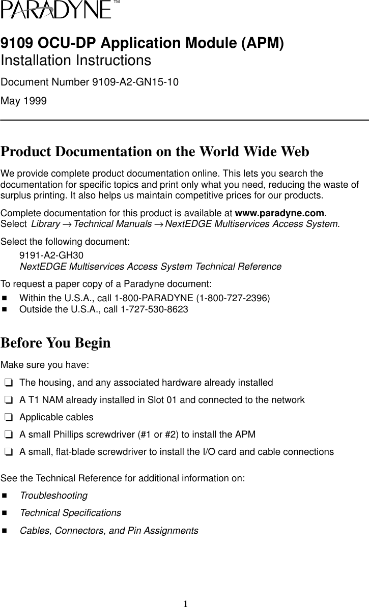 Page 1 of 8 - Paradyne Paradyne-Application-Module-9109-Ocu-Dp-Users-Manual- 9109 OCU-DP Application Module (APM) Installation Instructions - 9109-A2-GN15-10  Paradyne-application-module-9109-ocu-dp-users-manual