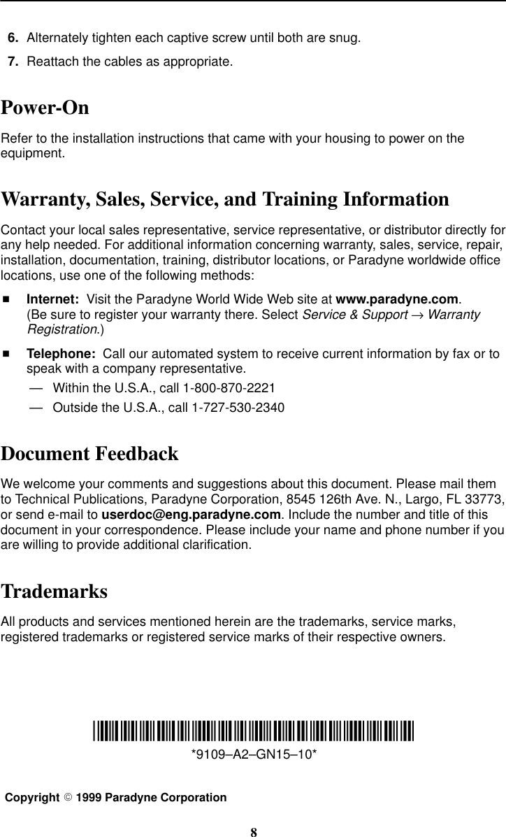 Page 8 of 8 - Paradyne Paradyne-Application-Module-9109-Ocu-Dp-Users-Manual- 9109 OCU-DP Application Module (APM) Installation Instructions - 9109-A2-GN15-10  Paradyne-application-module-9109-ocu-dp-users-manual