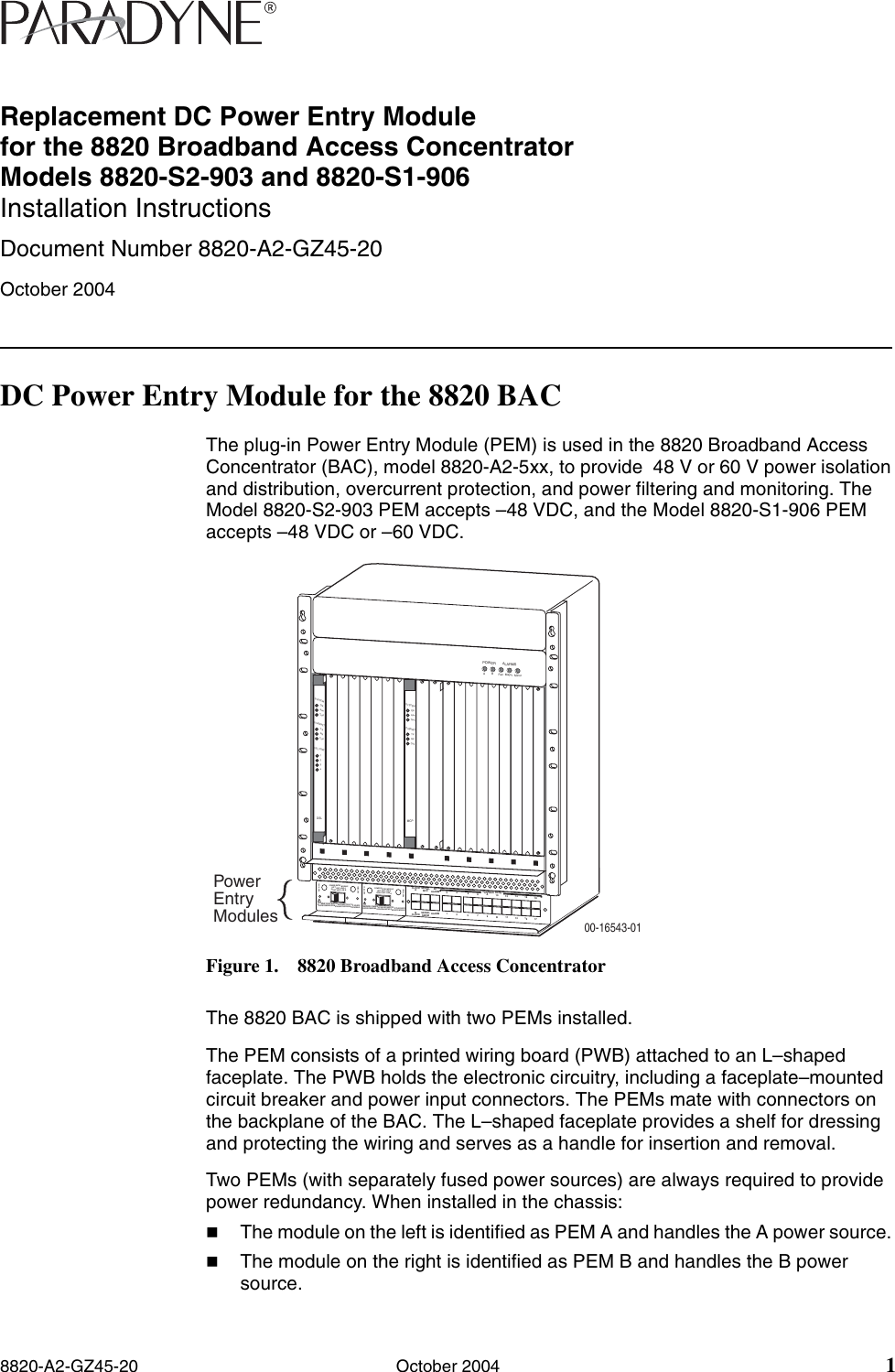 Page 1 of 4 - Paradyne Paradyne-Dc-Power-Entry-Module-8820-S1-906-Users-Manual- Replacement DC Power Entry Module For The 8820 Broadband Access Concentrator S 8820-S2-903 And 8820-S1-906 Installation Ins Paradyne-dc-power-entry-module-8820-s1-906-users-manual
