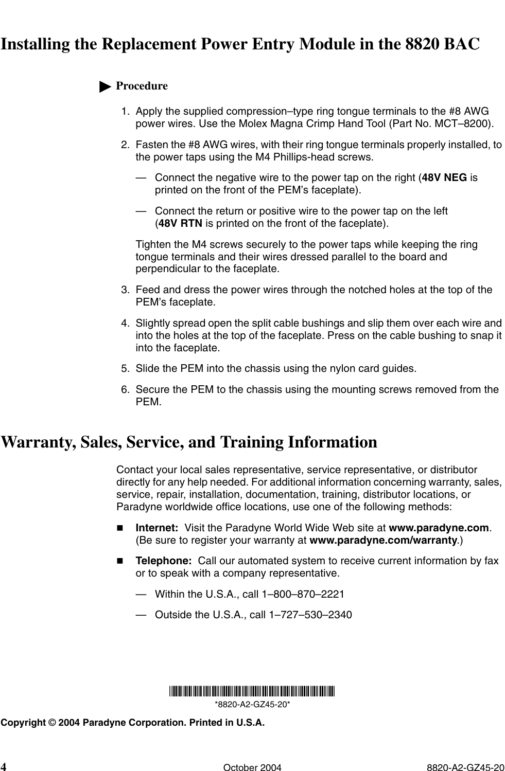 Page 4 of 4 - Paradyne Paradyne-Dc-Power-Entry-Module-8820-S1-906-Users-Manual- Replacement DC Power Entry Module For The 8820 Broadband Access Concentrator S 8820-S2-903 And 8820-S1-906 Installation Ins Paradyne-dc-power-entry-module-8820-s1-906-users-manual