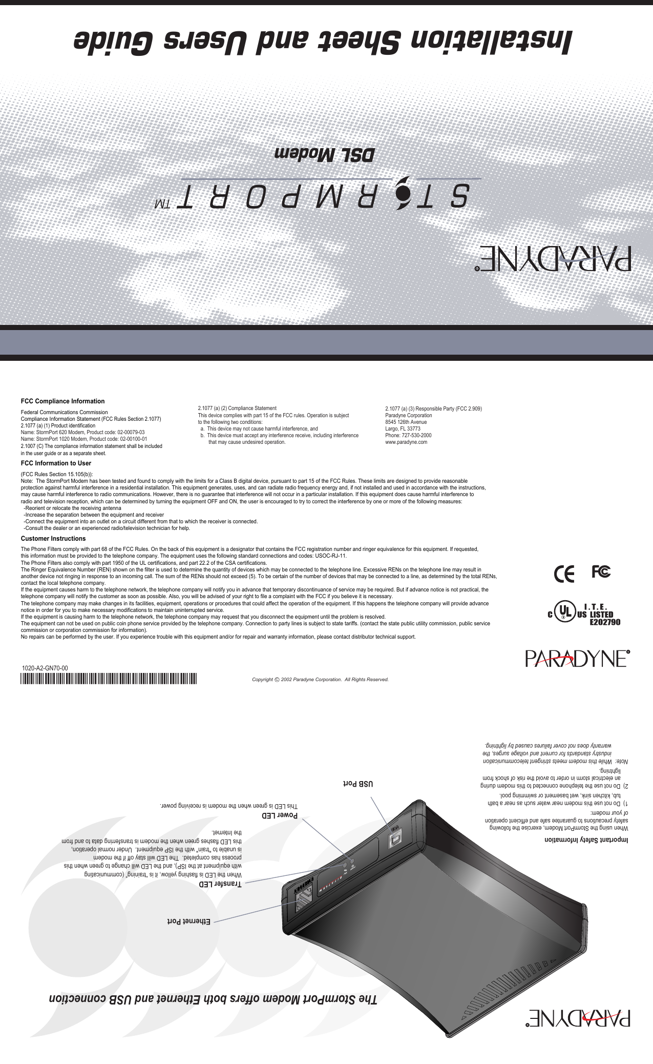 Page 1 of 2 - Paradyne Paradyne-Stormport-Dsl-Modem-Users-Manual- StormPort 620/1020 Installation Sheet - 1020-A2-GN70-00  Paradyne-stormport-dsl-modem-users-manual