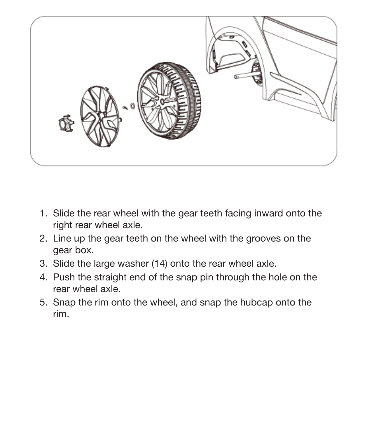 121.  Slide the rear wheel with the gear teeth facing inward onto the right rear wheel axle.2.  Line up the gear teeth on the wheel with the grooves on the gear box.3.  Slide the large washer (14) onto the rear wheel axle.4.  Push the straight end of the snap pin through the hole on the rear wheel axle.5.  Snap the rim onto the wheel, and snap the hubcap onto the rim.Assemble the Right Rear Wheel