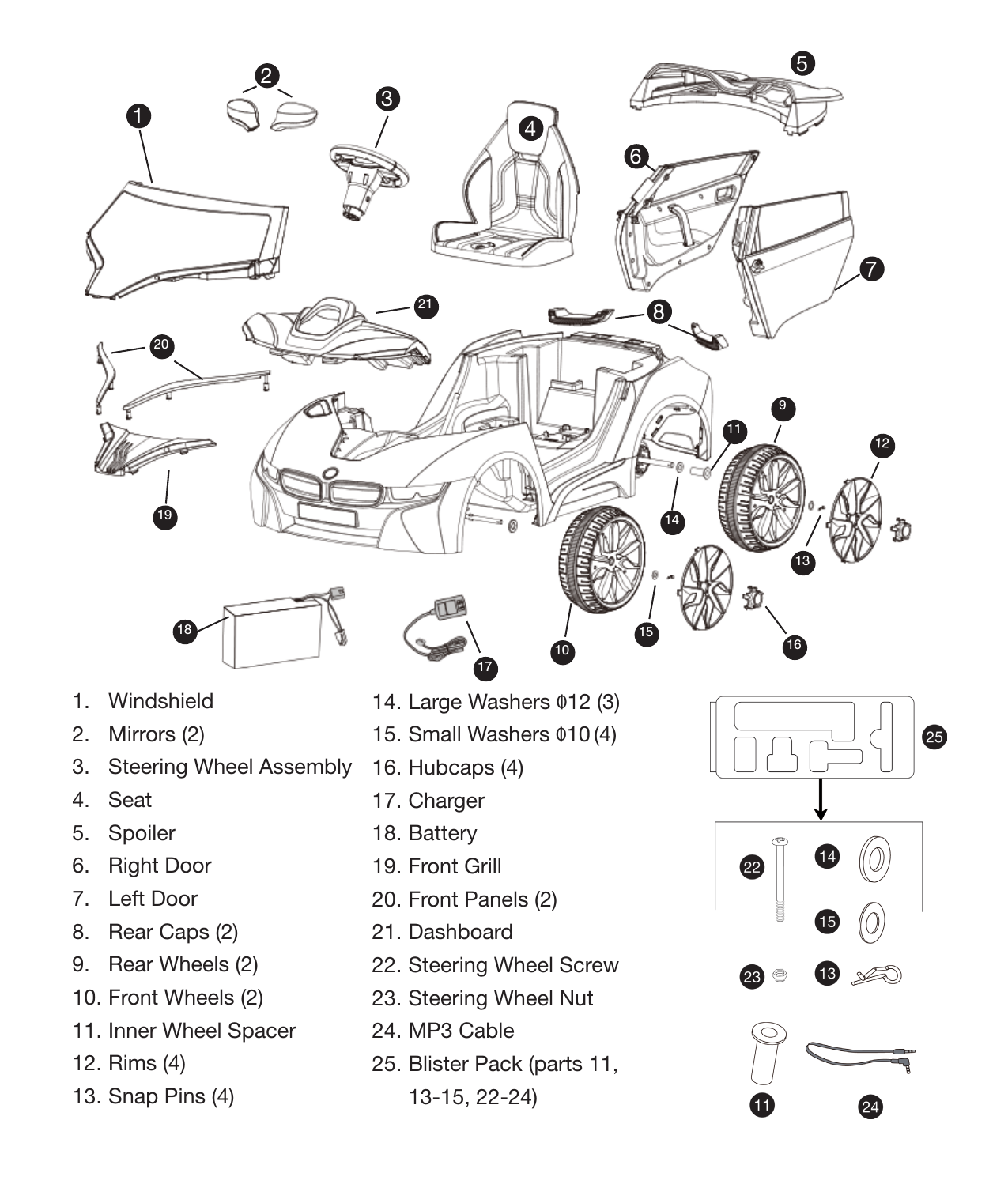 8Parts 1.  Windshield2.  Mirrors (2)3.  Steering Wheel Assembly4.  Seat5.  Spoiler6.  Right Door7.  Left Door8.  Rear Caps (2)9.  Rear Wheels (2)10. Front Wheels (2)11. Inner Wheel Spacer12. Rims (4)13. Snap Pins (4)14. Large Washers Φ12 (3)15. Small Washers Φ10 (4)16. Hubcaps (4)17. Charger18. Battery19. Front Grill20. Front Panels (2)21. Dashboard22. Steering Wheel Screw23. Steering Wheel Nut24. MP3 Cable25. Blister Pack (parts 11, 13-15, 22-24)123456789101215141116131718192021