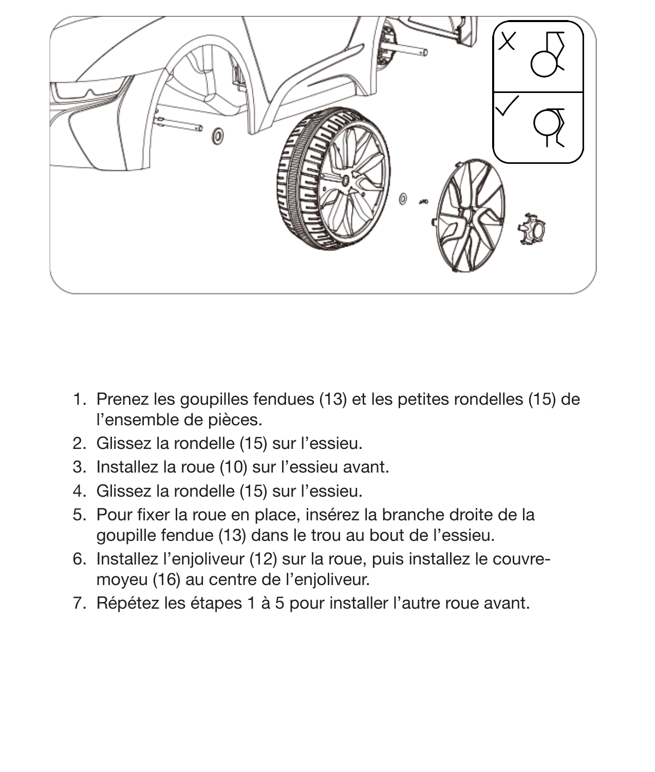 10 Installation des roues avant 1.  Prenez les goupilles fendues (13) et les petites rondelles (15) de l’ensemble de pièces.2.  Glissez la rondelle (15) sur l’essieu.3.  Installez la roue (10) sur l’essieu avant.4.  Glissez la rondelle (15) sur l’essieu. 5.  Pour xer la roue en place, insérez la branche droite de la goupille fendue (13) dans le trou au bout de l’essieu. 6.  Installez l’enjoliveur (12) sur la roue, puis installez le couvre-moyeu (16) au centre de l’enjoliveur. 7.  Répétez les étapes 1 à 5 pour installer l’autre roue avant. 