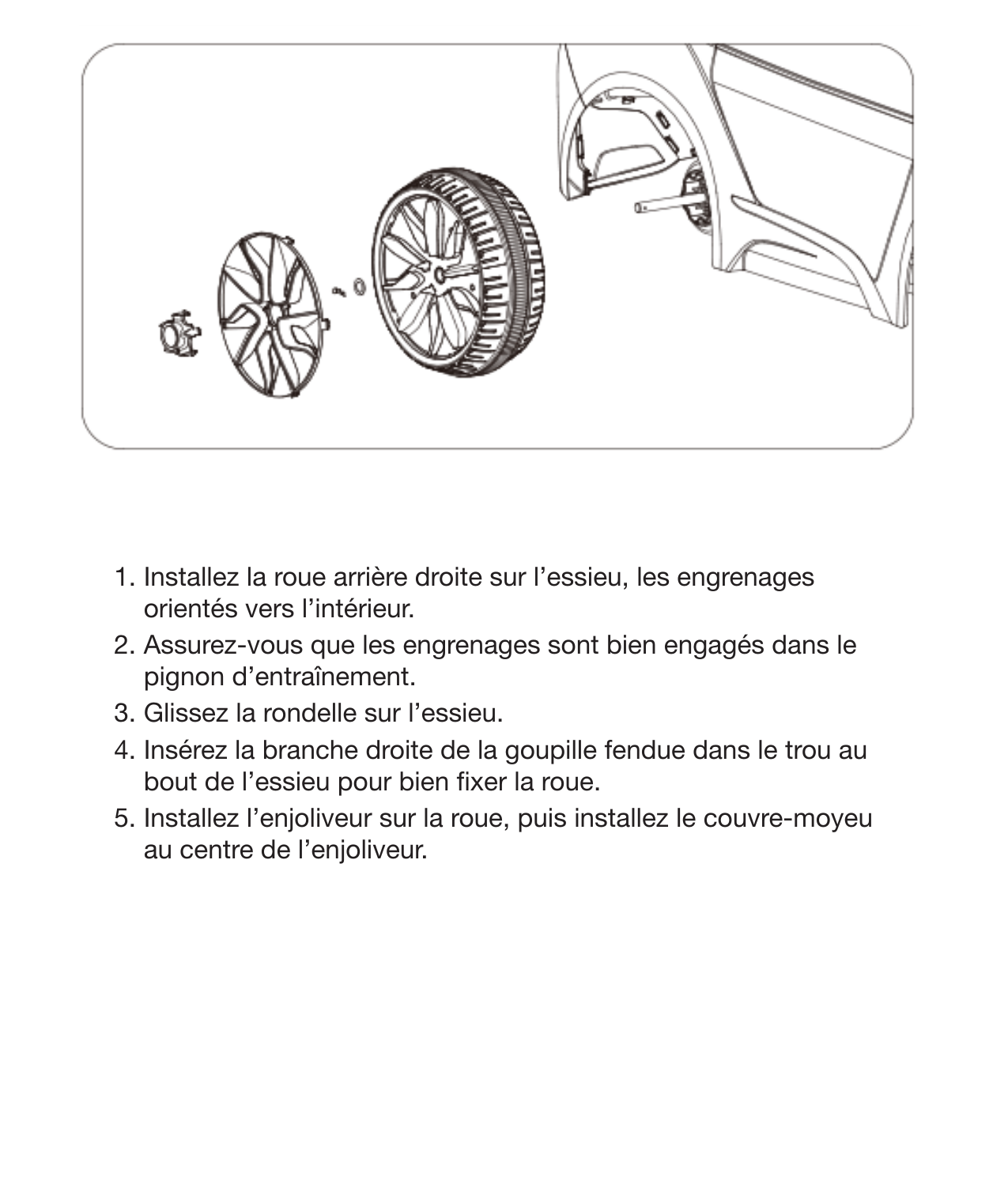 121. Installez la roue arrière droite sur l’essieu, les engrenages orientés vers l’intérieur. 2. Assurez-vous que les engrenages sont bien engagés dans le pignon d’entraînement.3. Glissez la rondelle sur l’essieu. 4. Insérez la branche droite de la goupille fendue dans le trou au bout de l’essieu pour bien xer la roue. 5. Installez l’enjoliveur sur la roue, puis installez le couvre-moyeu au centre de l’enjoliveur. Installation de la roue arrière droite 