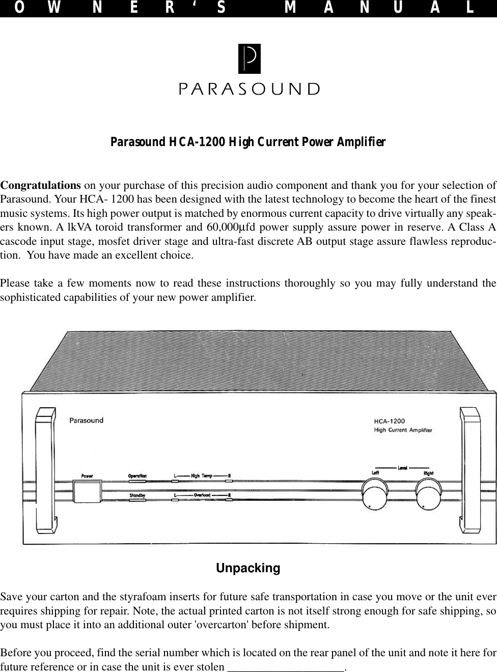 Page 1 of 8 - Parasound Parasound-Hca-1200-Users-Manual- HCA-1200 Manual-1  Parasound-hca-1200-users-manual