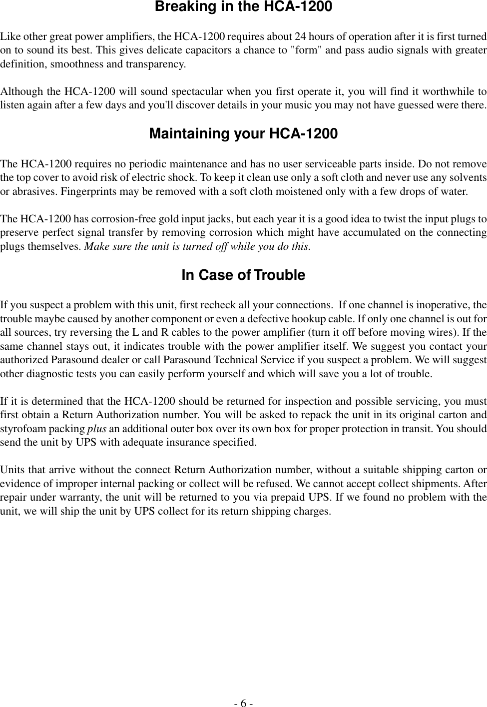 Page 6 of 8 - Parasound Parasound-Hca-1200-Users-Manual- HCA-1200 Manual-1  Parasound-hca-1200-users-manual