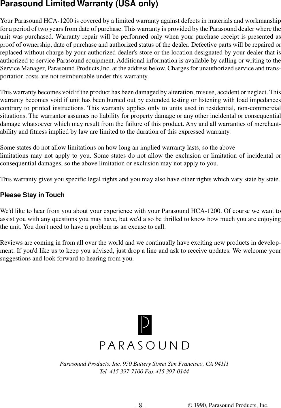 Page 8 of 8 - Parasound Parasound-Hca-1200-Users-Manual- HCA-1200 Manual-1  Parasound-hca-1200-users-manual