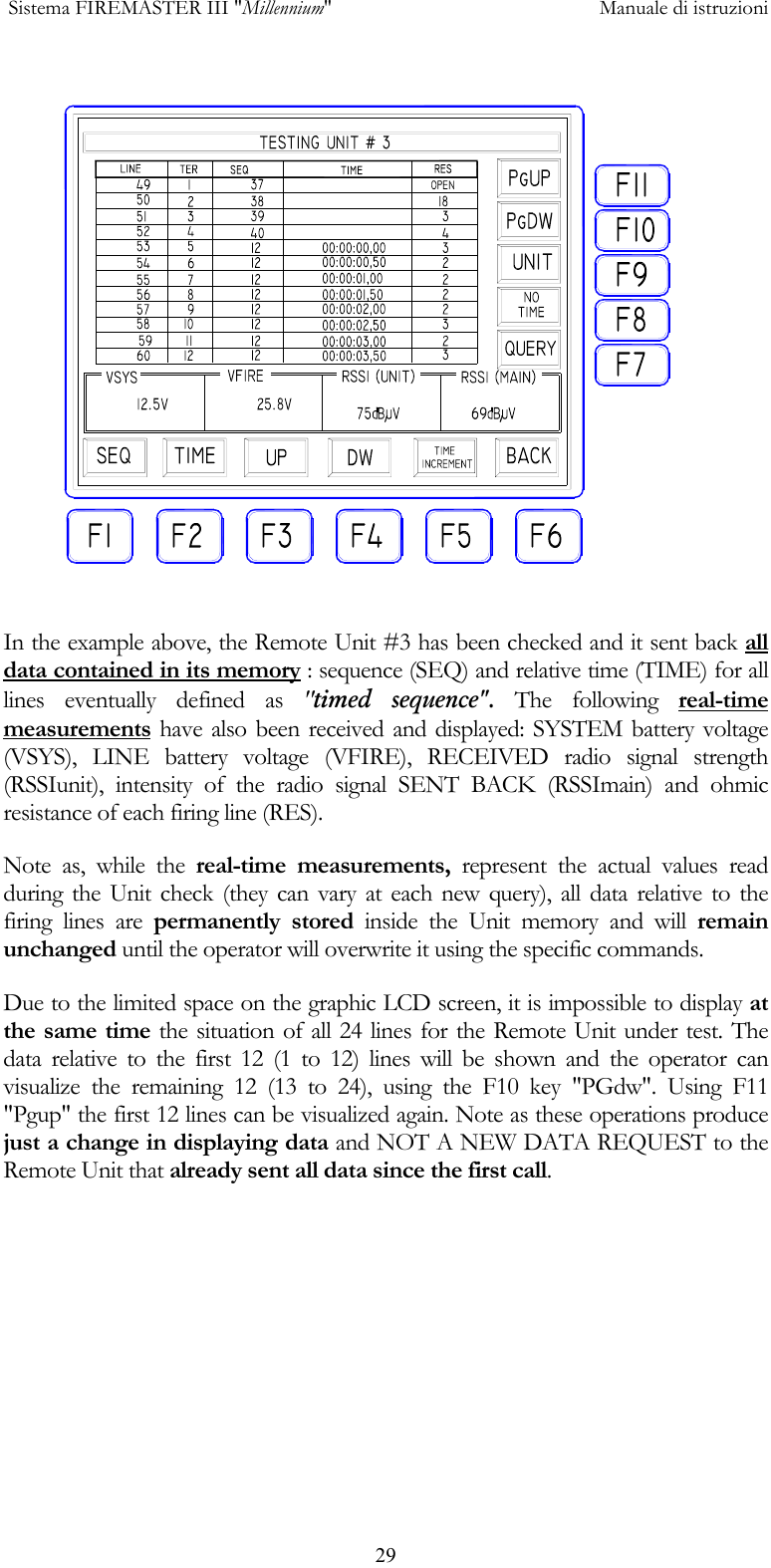  Sistema FIREMASTER III "Millennium"     Manuale di istruzioni      29 In the example above, the Remote Unit #3 has been checked and it sent back all data contained in its memory : sequence (SEQ) and relative time (TIME) for all lines eventually defined as "timed sequence". The following real-time measurements have also been received and displayed: SYSTEM battery voltage (VSYS), LINE battery voltage (VFIRE), RECEIVED radio signal strength (RSSIunit), intensity of the radio signal SENT BACK (RSSImain) and ohmic resistance of each firing line (RES). Note as, while the real-time measurements, represent the actual values read during the Unit check (they can vary at each new query), all data relative to the firing lines are permanently stored inside the Unit memory and will remain unchanged until the operator will overwrite it using the specific commands. Due to the limited space on the graphic LCD screen, it is impossible to display at the same time the situation of all 24 lines for the Remote Unit under test. The data relative to the first 12 (1 to 12) lines will be shown and the operator can visualize the remaining 12 (13 to 24), using the F10 key "PGdw". Using F11 "Pgup" the first 12 lines can be visualized again. Note as these operations produce just a change in displaying data and NOT A NEW DATA REQUEST to the Remote Unit that already sent all data since the first call. 