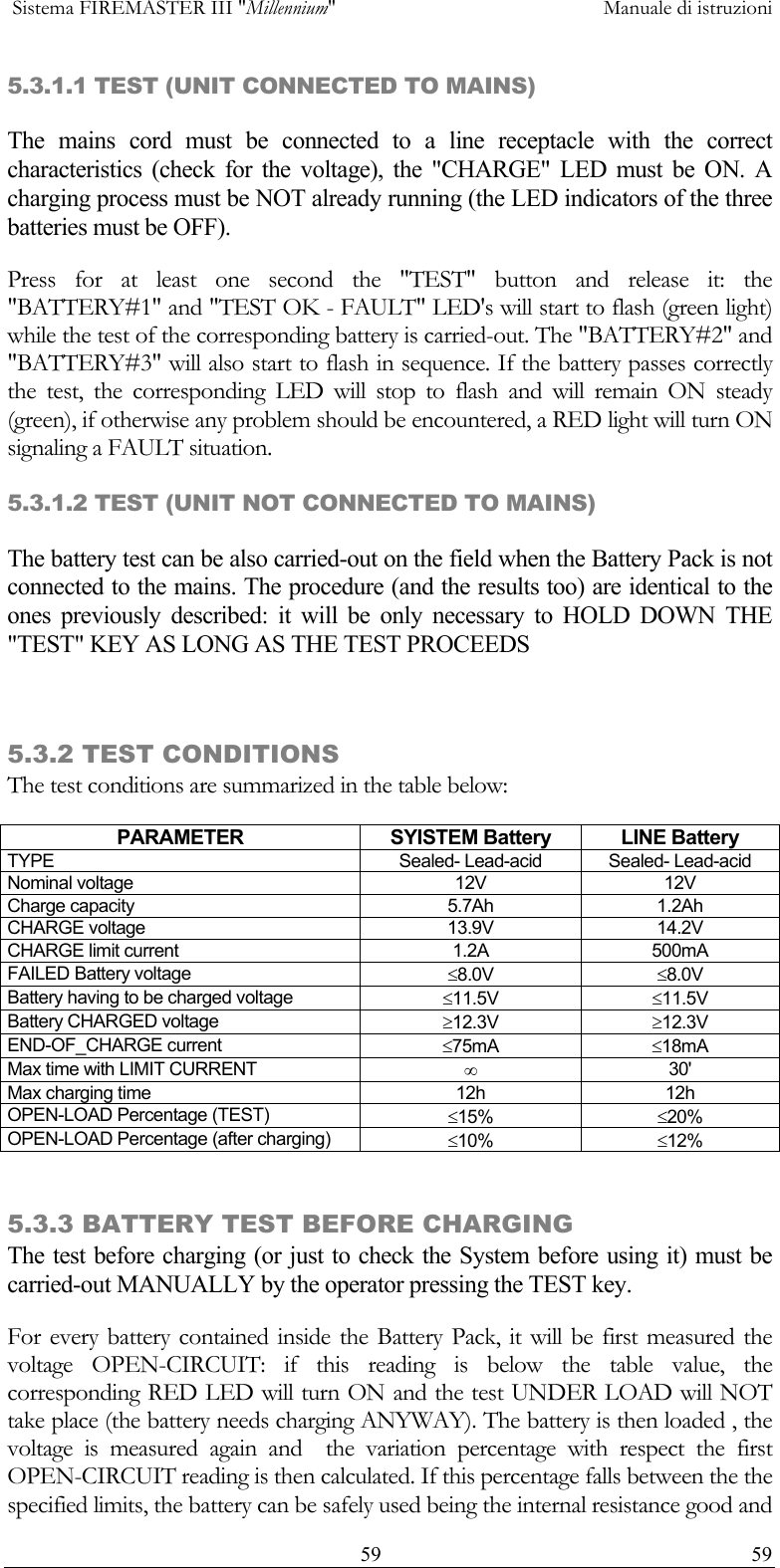  Sistema FIREMASTER III "Millennium"     Manuale di istruzioni    59  595.3.1.1 TEST (UNIT CONNECTED TO MAINS) The mains cord must be connected to a line receptacle with the correct characteristics (check for the voltage), the "CHARGE" LED must be ON. A charging process must be NOT already running (the LED indicators of the three batteries must be OFF). Press for at least one second the "TEST" button and release it: the "BATTERY#1" and "TEST OK - FAULT" LED's will start to flash (green light) while the test of the corresponding battery is carried-out. The "BATTERY#2" and "BATTERY#3" will also start to flash in sequence. If the battery passes correctly the test, the corresponding LED will stop to flash and will remain ON steady (green), if otherwise any problem should be encountered, a RED light will turn ON signaling a FAULT situation. 5.3.1.2 TEST (UNIT NOT CONNECTED TO MAINS) The battery test can be also carried-out on the field when the Battery Pack is not connected to the mains. The procedure (and the results too) are identical to the ones previously described: it will be only necessary to HOLD DOWN THE "TEST" KEY AS LONG AS THE TEST PROCEEDS  5.3.2 TEST CONDITIONS The test conditions are summarized in the table below: PARAMETER SYISTEM Battery LINE Battery TYPE  Sealed- Lead-acid  Sealed- Lead-acid Nominal voltage  12V  12V Charge capacity  5.7Ah  1.2Ah CHARGE voltage  13.9V  14.2V CHARGE limit current  1.2A  500mA FAILED Battery voltage  &le;8.0V  &le;8.0V Battery having to be charged voltage  &le;11.5V  &le;11.5V Battery CHARGED voltage  &ge;12.3V  &ge;12.3V END-OF_CHARGE current  &le;75mA  &le;18mA Max time with LIMIT CURRENT  &infin; 30' Max charging time  12h  12h OPEN-LOAD Percentage (TEST)  &le;15%  &le;20% OPEN-LOAD Percentage (after charging)  &le;10%  &le;12%  5.3.3 BATTERY TEST BEFORE CHARGING The test before charging (or just to check the System before using it) must be carried-out MANUALLY by the operator pressing the TEST key. For every battery contained inside the Battery Pack, it will be first measured the voltage OPEN-CIRCUIT: if this reading is below the table value, the corresponding RED LED will turn ON and the test UNDER LOAD will NOT take place (the battery needs charging ANYWAY). The battery is then loaded , the voltage is measured again and  the variation percentage with respect the first OPEN-CIRCUIT reading is then calculated. If this percentage falls between the the specified limits, the battery can be safely used being the internal resistance good and 