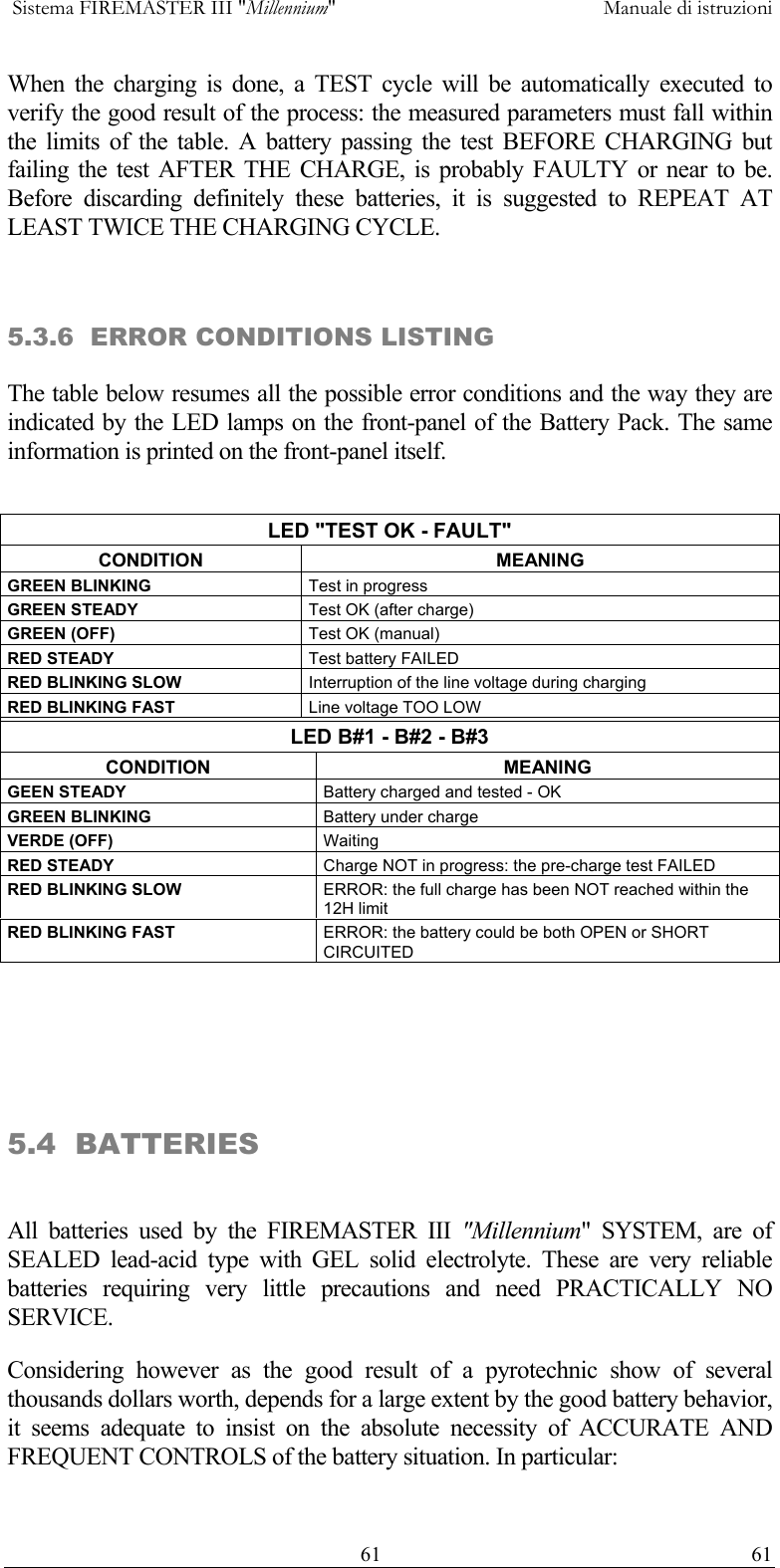  Sistema FIREMASTER III "Millennium"     Manuale di istruzioni    61  61When the charging is done, a TEST cycle will be automatically executed to verify the good result of the process: the measured parameters must fall within the limits of the table. A battery passing the test BEFORE CHARGING but failing the test AFTER THE CHARGE, is probably FAULTY or near to be. Before discarding definitely these batteries, it is suggested to REPEAT AT LEAST TWICE THE CHARGING CYCLE.  5.3.6  ERROR CONDITIONS LISTING The table below resumes all the possible error conditions and the way they are indicated by the LED lamps on the front-panel of the Battery Pack. The same information is printed on the front-panel itself.  LED "TEST OK - FAULT" CONDITION MEANING GREEN BLINKING  Test in progress GREEN STEADY  Test OK (after charge) GREEN (OFF)  Test OK (manual) RED STEADY  Test battery FAILED RED BLINKING SLOW  Interruption of the line voltage during charging RED BLINKING FAST  Line voltage TOO LOW  LED B#1 - B#2 - B#3 CONDITION MEANING GEEN STEADY  Battery charged and tested - OK GREEN BLINKING  Battery under charge VERDE (OFF)  Waiting RED STEADY  Charge NOT in progress: the pre-charge test FAILED RED BLINKING SLOW  ERROR: the full charge has been NOT reached within the 12H limit RED BLINKING FAST  ERROR: the battery could be both OPEN or SHORT CIRCUITED     5.4  BATTERIES  All batteries used by the FIREMASTER III "Millennium" SYSTEM, are of SEALED lead-acid type with GEL solid electrolyte. These are very reliable batteries requiring very little precautions and need PRACTICALLY NO SERVICE. Considering however as the good result of a pyrotechnic show of several thousands dollars worth, depends for a large extent by the good battery behavior, it seems adequate to insist on the absolute necessity of ACCURATE AND FREQUENT CONTROLS of the battery situation. In particular:  