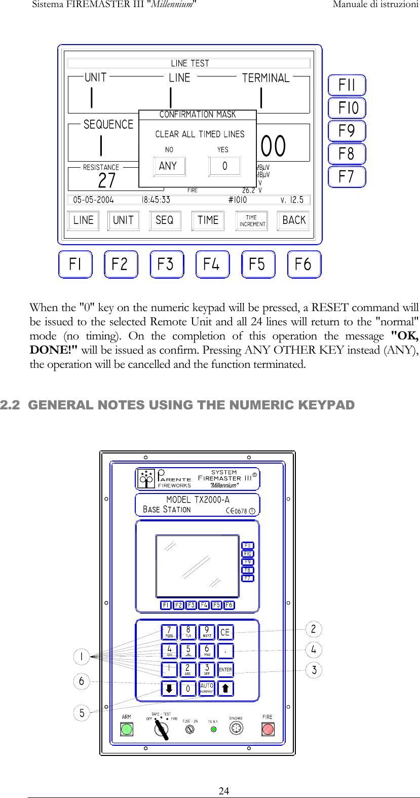  Sistema FIREMASTER III "Millennium"     Manuale di istruzioni      24 When the "0" key on the numeric keypad will be pressed, a RESET command will be issued to the selected Remote Unit and all 24 lines will return to the "normal" mode (no timing). On the completion of this operation the message "OK, DONE!" will be issued as confirm. Pressing ANY OTHER KEY instead (ANY), the operation will be cancelled and the function terminated.  2.2  GENERAL NOTES USING THE NUMERIC KEYPAD  