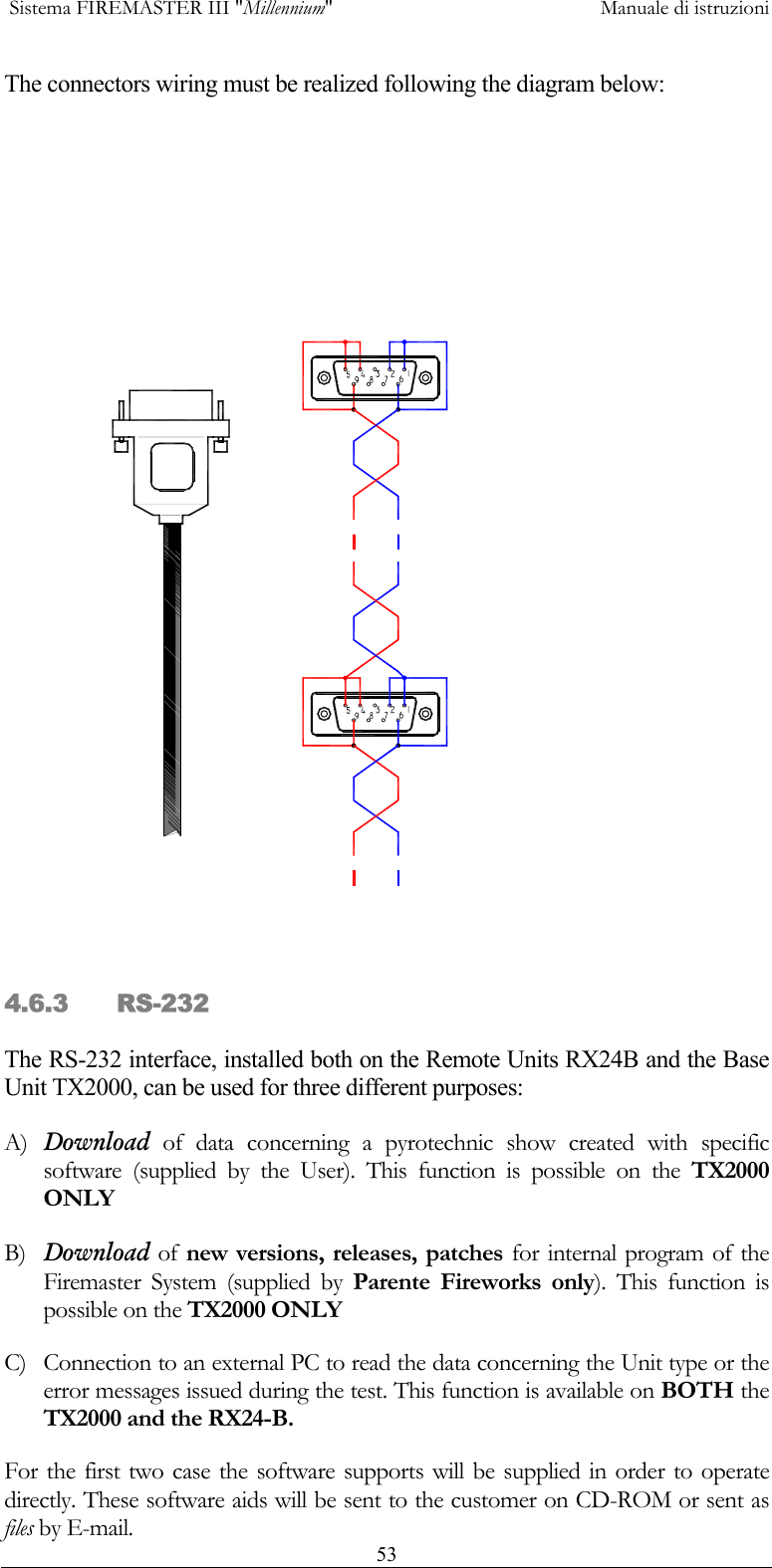  Sistema FIREMASTER III "Millennium"     Manuale di istruzioni      53The connectors wiring must be realized following the diagram below:   4.6.3 RS-232 The RS-232 interface, installed both on the Remote Units RX24B and the Base Unit TX2000, can be used for three different purposes: A)  Download of data concerning a pyrotechnic show created with specific software (supplied by the User). This function is possible on the TX2000 ONLY B)  Download of new versions, releases, patches for internal program of the Firemaster System (supplied by Parente Fireworks only). This function is possible on the TX2000 ONLY C)  Connection to an external PC to read the data concerning the Unit type or the error messages issued during the test. This function is available on BOTH the TX2000 and the RX24-B.  For the first two case the software supports will be supplied in order to operate directly. These software aids will be sent to the customer on CD-ROM or sent as files by E-mail. 