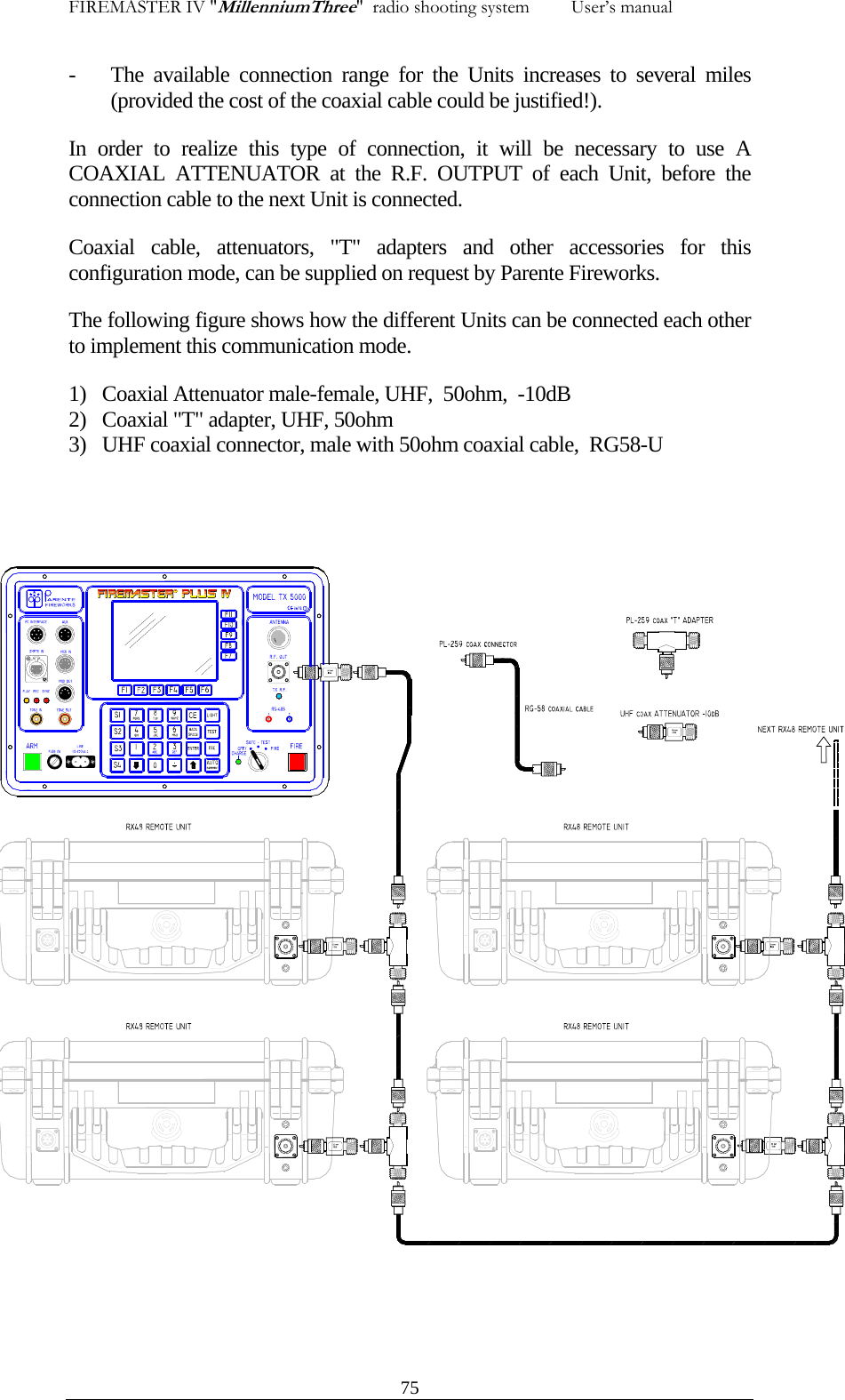 FIREMASTER IV "MillenniumThree"  radio shooting system         User&rsquo;s manual    - The available connection range for the Units increases to several miles (provided the cost of the coaxial cable could be justified!). In order to realize this type of connection, it will be necessary to use A COAXIAL ATTENUATOR at the R.F. OUTPUT of each Unit, before the connection cable to the next Unit is connected. Coaxial cable, attenuators, "T" adapters and other accessories for this configuration mode, can be supplied on request by Parente Fireworks. The following figure shows how the different Units can be connected each other to implement this communication mode.  1) Coaxial Attenuator male-female, UHF,  50ohm,  -10dB 2) Coaxial "T" adapter, UHF, 50ohm 3) UHF coaxial connector, male with 50ohm coaxial cable,  RG58-U                75