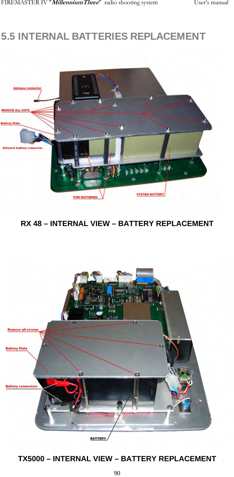 FIREMASTER IV "MillenniumThree"  radio shooting system                       User&rsquo;s manual 5.5 INTERNAL BATTERIES REPLACEMENT                     RX 48 &ndash; INTERNAL VIEW &ndash; BATTERY REPLACEMENT                           TX5000 &ndash; INTERNAL VIEW &ndash; BATTERY REPLACEMENT   90