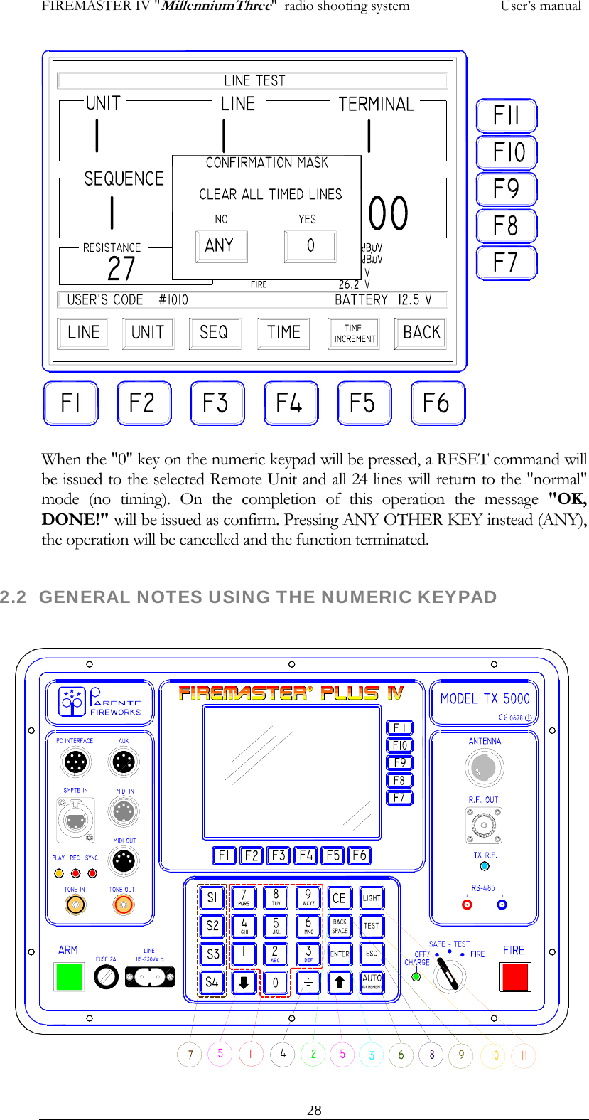 FIREMASTER IV "MillenniumThree"  radio shooting system           User&rsquo;s manual                    When the "0" key on the numeric keypad will be pressed, a RESET command will be issued to the selected Remote Unit and all 24 lines will return to the "normal" mode (no timing). On the completion of this operation the message "OK, DONE!" will be issued as confirm. Pressing ANY OTHER KEY instead (ANY), the operation will be cancelled and the function terminated.   282.2  GENERAL NOTES USING THE NUMERIC KEYPAD                          