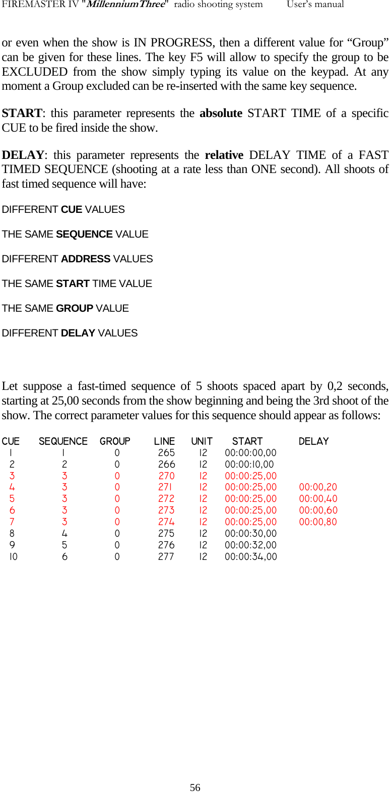 FIREMASTER IV "MillenniumThree"  radio shooting system         User&rsquo;s manual or even when the show is IN PROGRESS, then a different value for &ldquo;Group&rdquo; can be given for these lines. The key F5 will allow to specify the group to be EXCLUDED from the show simply typing its value on the keypad. At any moment a Group excluded can be re-inserted with the same key sequence. START: this parameter represents the absolute START TIME of a specific CUE to be fired inside the show. DELAY: this parameter represents the relative DELAY TIME of a FAST TIMED SEQUENCE (shooting at a rate less than ONE second). All shoots of fast timed sequence will have: DIFFERENT CUE VALUES THE SAME SEQUENCE VALUE DIFFERENT ADDRESS VALUES THE SAME START TIME VALUE THE SAME GROUP VALUE DIFFERENT DELAY VALUES  Let suppose a fast-timed sequence of 5 shoots spaced apart by 0,2 seconds, starting at 25,00 seconds from the show beginning and being the 3rd shoot of the show. The correct parameter values for this sequence should appear as follows: CUE  SEQUENCE   GROUP   LINE   UNIT    START  DELAY   1        1            0    265     12  00:00:00,00   2        2            0    266     12  00:00:10,00   3        3            0          270     12  00:00:25,00   4        3            0    271     12  00:00:25,00  00:00,20   5        3            0    272     12  00:00:25,00  00:00,40   6        3            0    273     12  00:00:25,00  00:00,60   7        3            0    274     12  00:00:25,00  00:00,80   8        4            0    275     12  00:00:30,00   9        5            0    276     12  00:00:32,00   10        6            0    277     12  00:00:34,00     56