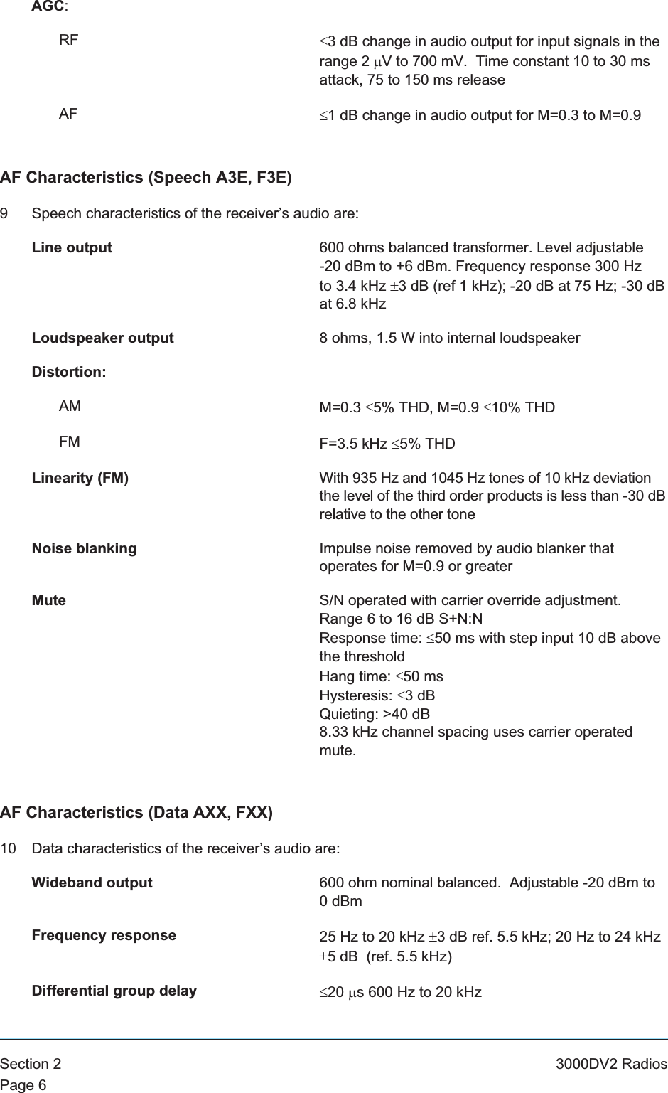 AGC:RF £3 dB change in audio output for input signals in therange 2 mV to 700 mV. Time constant 10 to 30 msattack, 75 to 150 ms releaseAF £1 dB change in audio output for M=0.3 to M=0.9AF Characteristics (Speech A3E, F3E)9 Speech characteristics of the receiver’s audio are:Line output 600 ohms balanced transformer. Level adjustable-20 dBm to +6 dBm. Frequency response 300 Hzto 3.4 kHz ±3 dB (ref 1 kHz); -20 dB at 75 Hz; -30 dBat 6.8 kHzLoudspeaker output 8 ohms, 1.5 W into internal loudspeakerDistortion:AM M=0.3 £5% THD, M=0.9 £10% THDFM F=3.5 kHz £5% THDLinearity (FM) With 935 Hz and 1045 Hz tones of 10 kHz deviationthe level of the third order products is less than -30 dBrelative to the other toneNoise blanking Impulse noise removed by audio blanker thatoperates for M=0.9 or greaterMute S/N operated with carrier override adjustment.Range 6 to 16 dB S+N:NResponse time: £50 ms with step input 10 dB abovethe thresholdHang time: £50 msHysteresis: £3dBQuieting: &gt;40 dB8.33 kHz channel spacing uses carrier operatedmute.AF Characteristics (Data AXX, FXX)10 Data characteristics of the receiver’s audio are:Wideband output 600 ohm nominal balanced. Adjustable -20 dBm to0 dBmFrequency response 25 Hz to 20 kHz ±3 dB ref. 5.5 kHz; 20 Hz to 24 kHz±5 dB (ref. 5.5 kHz)Differential group delay £20 ms 600 Hz to 20 kHzSection 2 3000DV2 RadiosPage 6