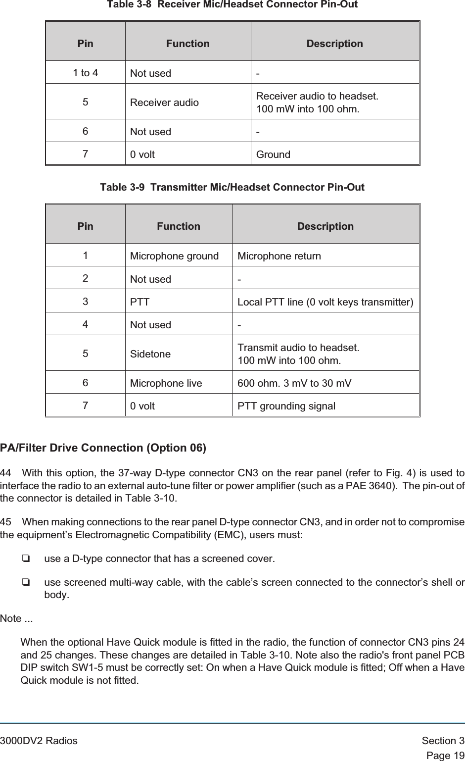 Table 3-8 Receiver Mic/Headset Connector Pin-OutPin Function Description1to4 Not used -5Receiver audio Receiver audio to headset.100 mW into 100 ohm.6Not used -70 volt GroundTable 3-9 Transmitter Mic/Headset Connector Pin-OutPin Function Description1Microphone ground Microphone return2Not used -3PTT Local PTT line (0 volt keys transmitter)4Not used -5Sidetone Transmit audio to headset.100 mW into 100 ohm.6Microphone live 600 ohm. 3 mV to 30 mV70 volt PTT grounding signalPA/Filter Drive Connection (Option 06)44 With this option, the 37-way D-type connector CN3 on the rear panel (refer to Fig. 4) is used tointerface the radio to an external auto-tune filter or power amplifier (such as a PAE 3640). The pin-out ofthe connector is detailed in Table 3-10.45 When making connections to the rear panel D-type connector CN3, and in order not to compromisethe equipment’s Electromagnetic Compatibility (EMC), users must:❏use a D-type connector that has a screened cover.❏use screened multi-way cable, with the cable’s screen connected to the connector’s shell orbody.Note ...When the optional Have Quick module is fitted in the radio, the function of connector CN3 pins 24and 25 changes. These changes are detailed in Table 3-10. Note also the radio&apos;s front panel PCBDIP switch SW1-5 must be correctly set: On when a Have Quick module is fitted; Off when a HaveQuick module is not fitted.3000DV2 Radios Section 3Page 19