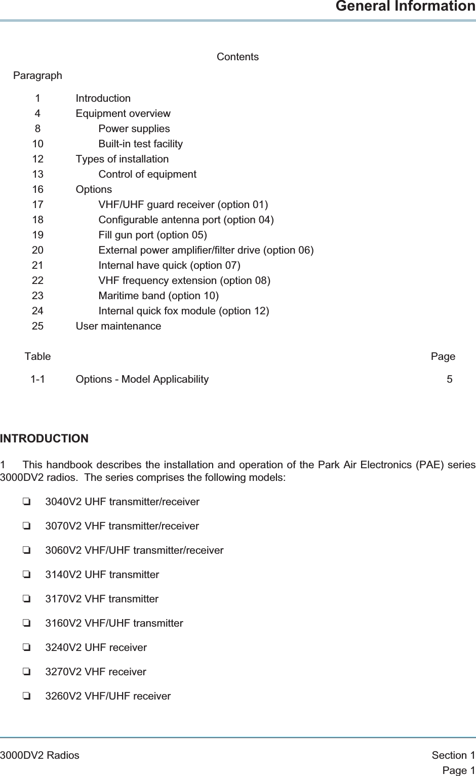 General InformationContentsParagraph1 Introduction4 Equipment overview8 Power supplies10 Built-in test facility12 Types of installation13 Control of equipment16 Options17 VHF/UHF guard receiver (option 01)18 Configurable antenna port (option 04)19 Fill gun port (option 05)20 External power amplifier/filter drive (option 06)21 Internal have quick (option 07)22 VHF frequency extension (option 08)23 Maritime band (option 10)24 Internal quick fox module (option 12)25 User maintenanceTable Page1-1 Options - Model Applicability 5INTRODUCTION1 This handbook describes the installation and operation of the Park Air Electronics (PAE) series3000DV2 radios. The series comprises the following models:❏3040V2 UHF transmitter/receiver❏3070V2 VHF transmitter/receiver❏3060V2 VHF/UHF transmitter/receiver❏3140V2 UHF transmitter❏3170V2 VHF transmitter❏3160V2 VHF/UHF transmitter❏3240V2 UHF receiver❏3270V2 VHF receiver❏3260V2 VHF/UHF receiver3000DV2 Radios Section 1Page 1