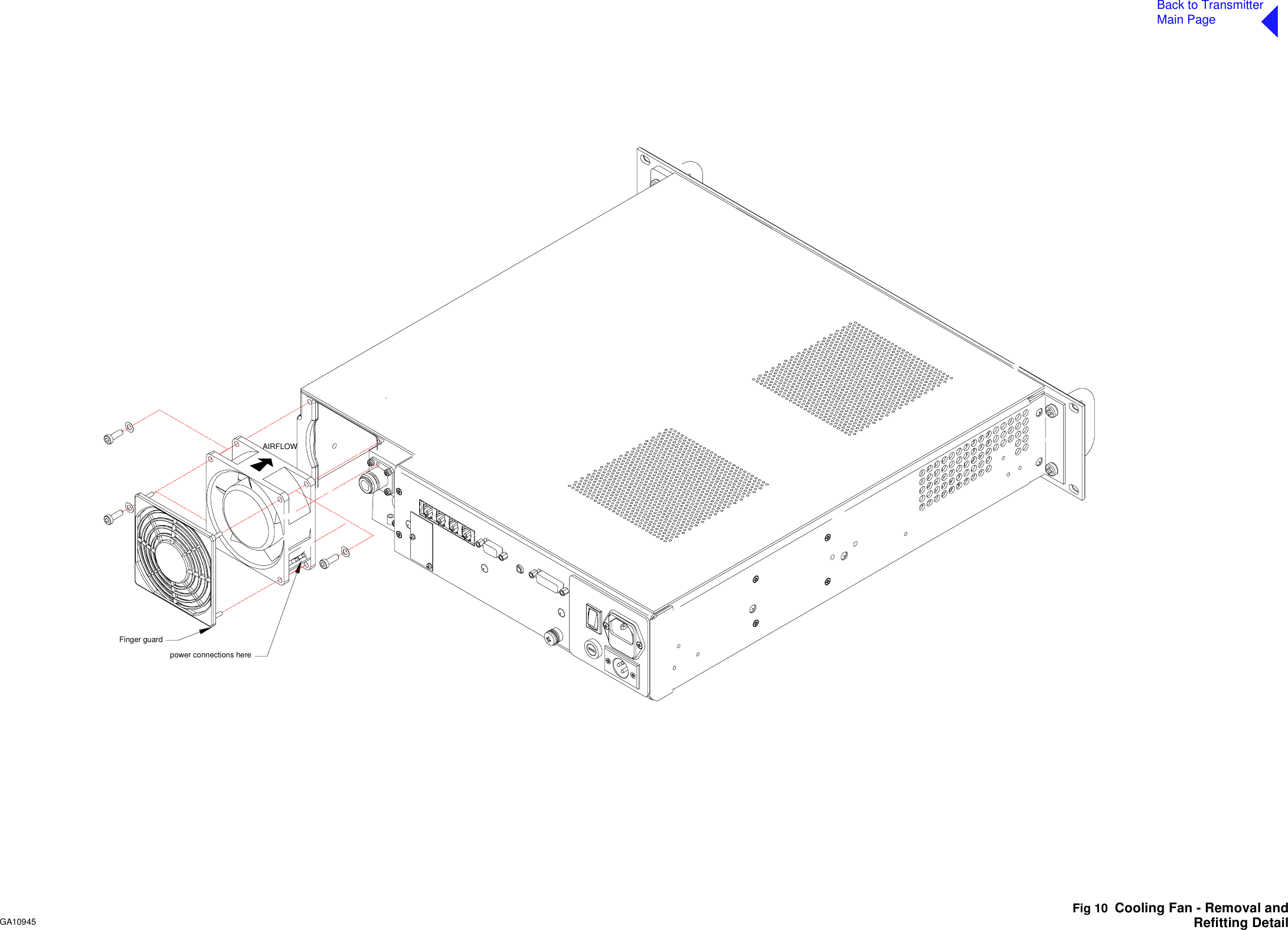 Back to TransmitterMain PageFig 10  Cooling Fan - Removal andRefitting Detailpower connections hereFinger guardAIRFLOWGA10945