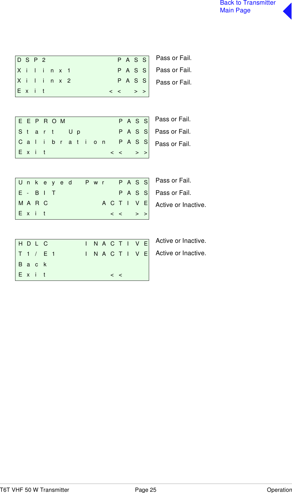 T6T VHF 50 W Transmitter Page 25 OperationBack to TransmitterMain PageDSP2 PASSX i l i n x 1 P A S SX i l i n x 2 P A S SE x i t &lt; &lt; &gt; &gt;E E P R O M P A S SS t a r t U p P A S SC a l i b r a t i o n P A S SE x i t &lt; &lt; &gt; &gt;U n k e y e d P w r P A S SE - B I T P A S SM A R C A C T I V EE x i t &lt; &lt; &gt; &gt;H D L C I N A C T I V ET 1 / E 1 I N A C T I V EB a c kE x i t &lt; &lt;Pass or Fail.Pass or Fail.Pass or Fail.Pass or Fail.Pass or Fail.Active or Inactive.Pass or Fail.Pass or Fail.Pass or Fail.Active or Inactive.Active or Inactive.