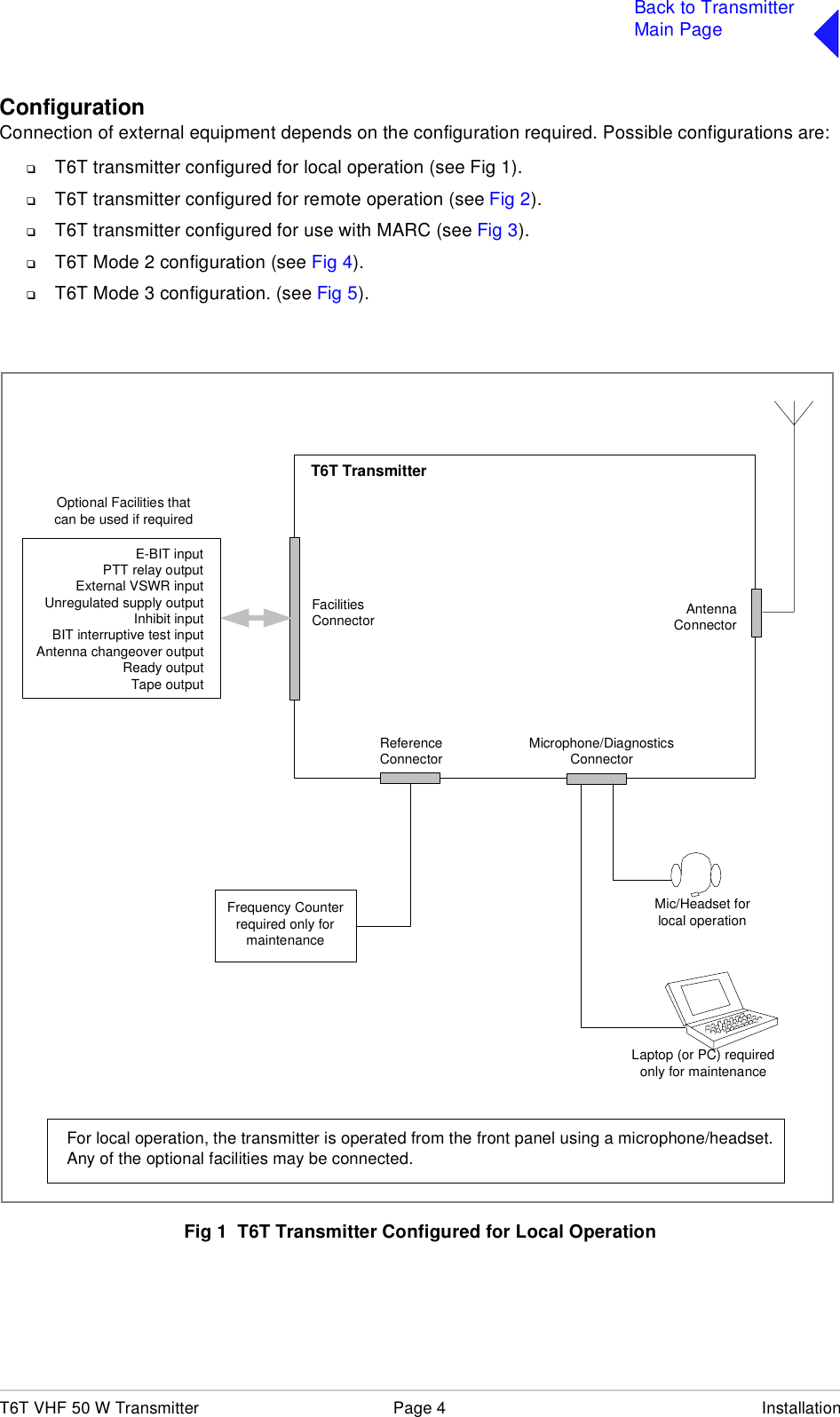 T6T VHF 50 W Transmitter Page 4 InstallationBack to TransmitterMain PageConfigurationConnection of external equipment depends on the configuration required. Possible configurations are:❑T6T transmitter configured for local operation (see Fig 1).❑T6T transmitter configured for remote operation (see Fig 2).❑T6T transmitter configured for use with MARC (see Fig 3).❑T6T Mode 2 configuration (see Fig 4).❑T6T Mode 3 configuration. (see Fig 5).Fig 1  T6T Transmitter Configured for Local OperationFor local operation, the transmitter is operated from the front panel using a microphone/headset.Any of the optional facilities may be connected.AntennaConnectorReferenceConnector Microphone/DiagnosticsConnectorFrequency Counterrequired only formaintenanceFacilitiesConnectorT6T TransmitterE-BIT inputPTT relay outputExternal VSWR inputUnregulated supply outputInhibit inputBIT interruptive test inputAntenna changeover outputReady outputTape outputOptional Facilities thatcan be used if requiredLaptop (or PC) requiredonly for maintenanceMic/Headset forlocal operation